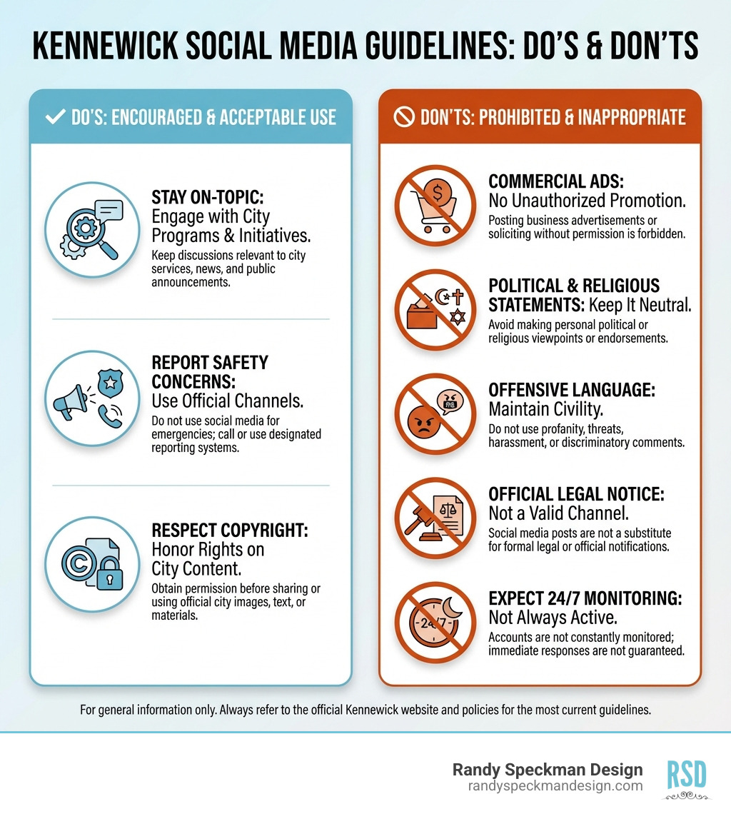 Infographic showing Kennewick social media guidelines: Do's include staying on-topic about city programs, reporting safety concerns through official channels, and respecting copyright on city content; Don'ts include posting commercial advertisements without permission, making political or religious statements, using offensive language, treating social media as official legal notice, or expecting 24/7 monitoring and immediate responses - Kennewick social media infographic Infographic showing Kennewick social media guidelines: Do's include staying on-topic about city programs, reporting safety concerns through official channels, and respecting copyright on city content; Don'ts include posting commercial advertisements without permission, making political or religious statements, using offensive language, treating social media as official legal notice, or expecting 24/7 monitoring and immediate responses - Kennewick social media infographic