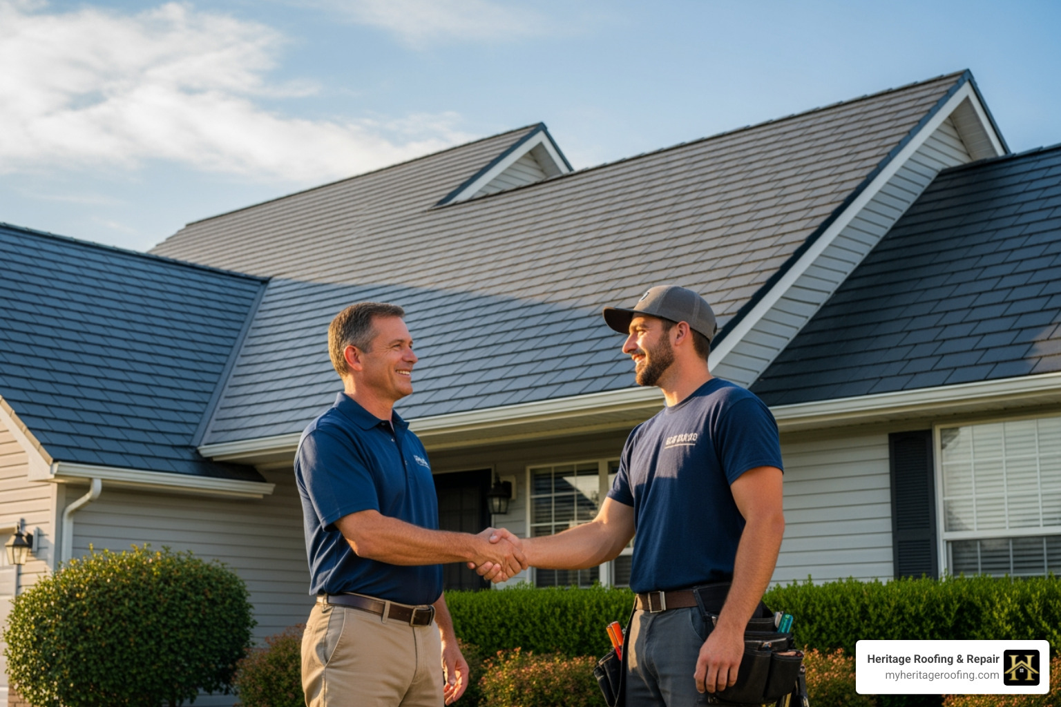 Homeowner shaking hands with a roofer in front of a newly roofed house, symbolizing trust and satisfaction. - certified roofing contractor