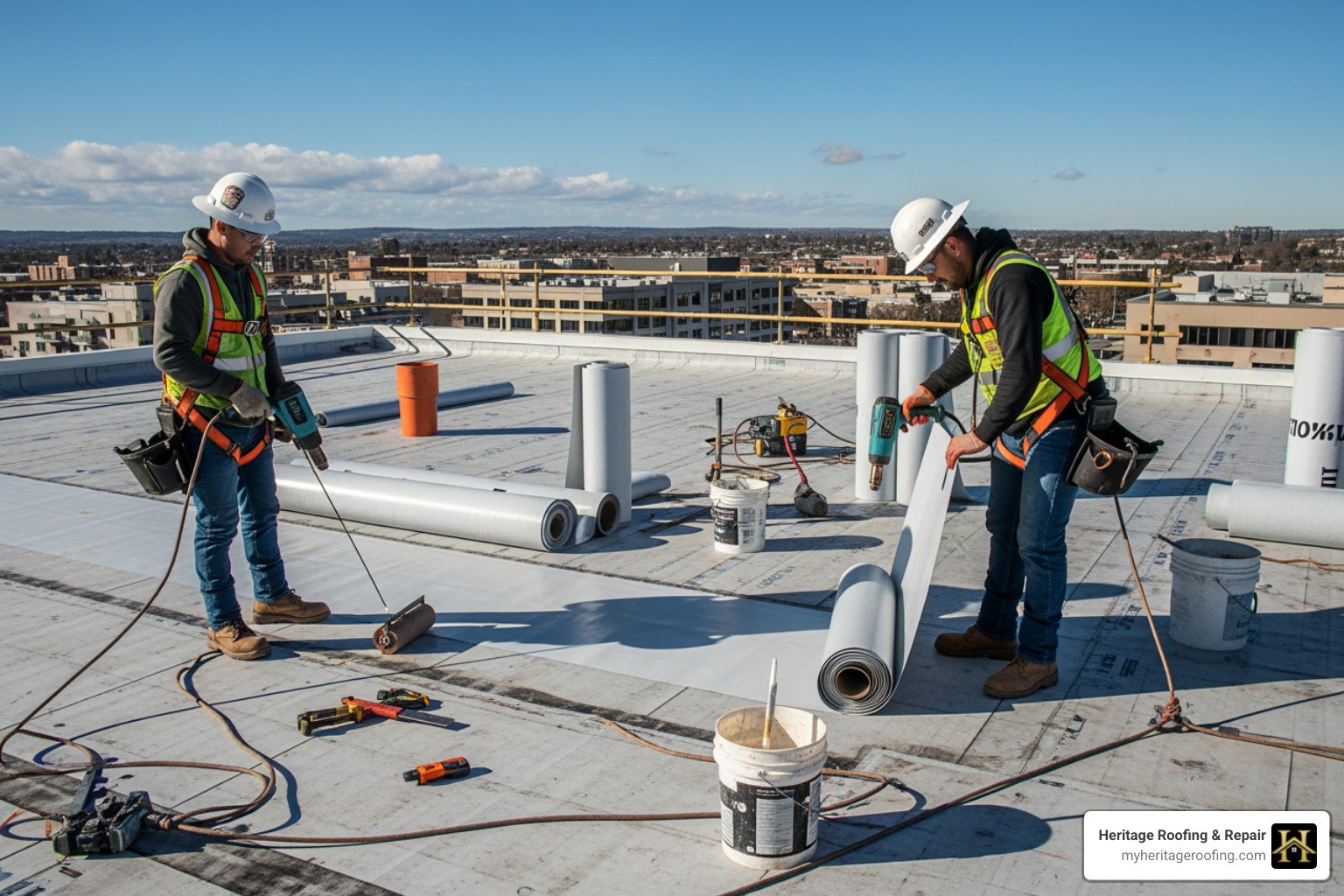 Commercial flat roof installation in progress - comprehensive roofing solutions