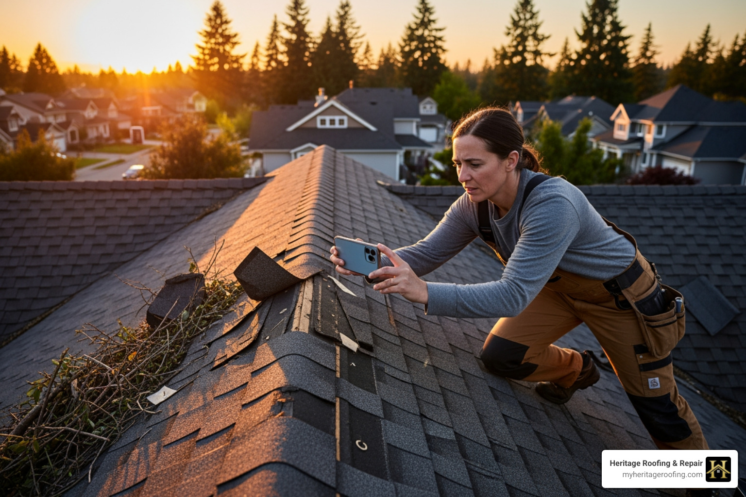 a homeowner taking photos of a damaged roof with a smartphone - home storm repair