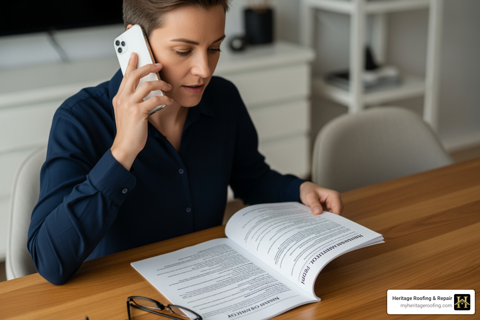 a person on the phone, reviewing an insurance policy - home storm repair