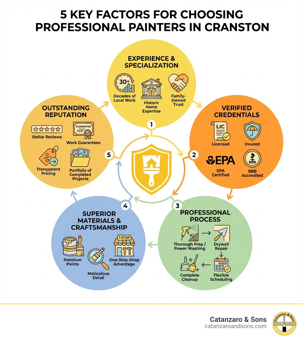 Infographic showing the 5 key factors for choosing professional painters in Cranston: 1. Experience & Specialization - decades of local work, historic home expertise, family-owned trust; 2. Verified Credentials - licensed, insured, EPA certified, BBB accredited; 3. Professional Process - thorough prep, power washing, drywall repair, complete cleanup, flexible scheduling; 4. Superior Materials & Craftsmanship - premium paints, meticulous detail, one-stop-shop advantage; 5. Outstanding Reputation - stellar reviews, work guarantees, transparent pricing, portfolio of completed projects - professional painters cranston infographic Infographic showing the 5 key factors for choosing professional painters in Cranston: 1. Experience & Specialization - decades of local work, historic home expertise, family-owned trust; 2. Verified Credentials - licensed, insured, EPA certified, BBB accredited; 3. Professional Process - thorough prep, power washing, drywall repair, complete cleanup, flexible scheduling; 4. Superior Materials & Craftsmanship - premium paints, meticulous detail, one-stop-shop advantage; 5. Outstanding Reputation - stellar reviews, work guarantees, transparent pricing, portfolio of completed projects - professional painters cranston infographic