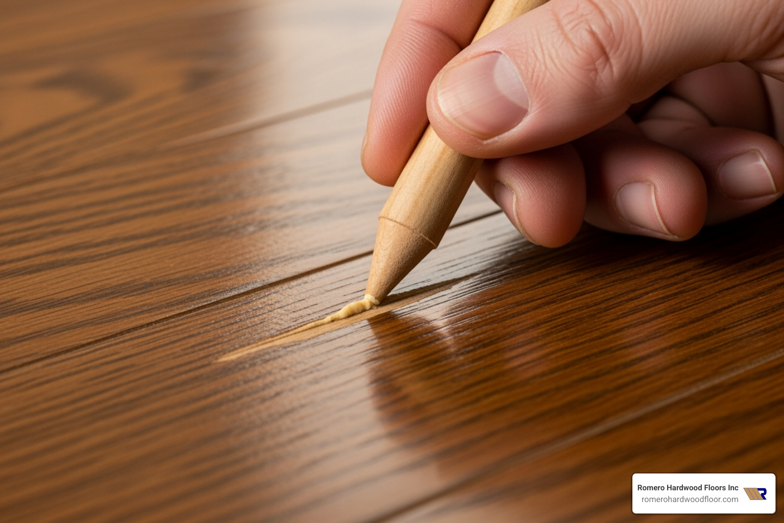 close-up of a small scratch being filled with a wood putty crayon - Hardwood floor repair Reading