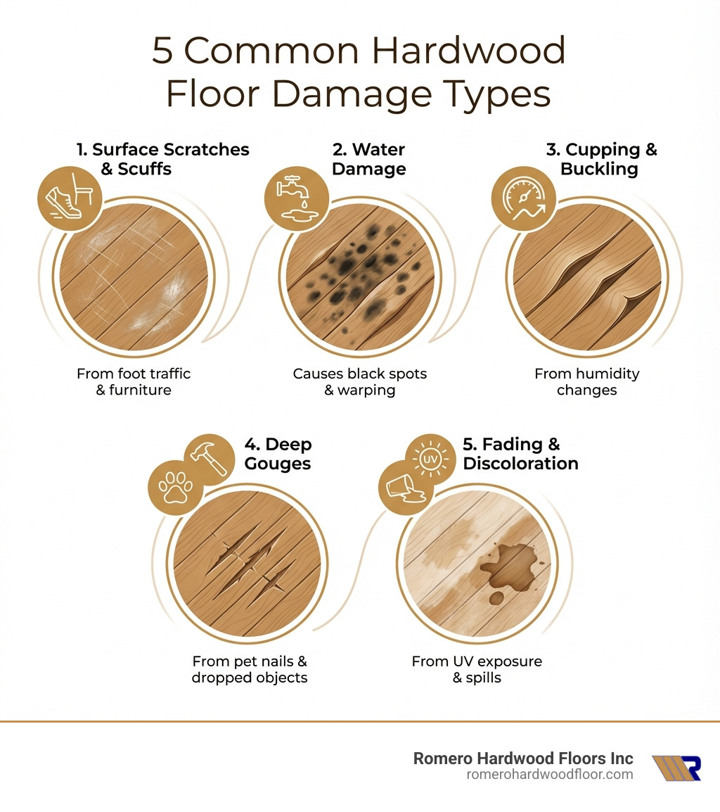 Infographic showing the 5 most common types of hardwood floor damage: 1. Surface scratches and scuffs from foot traffic and furniture, 2. Water damage causing black spots and warping, 3. Cupping and buckling from humidity changes, 4. Deep gouges from pet nails and dropped objects, 5. Fading and discoloration from UV exposure and spills - Hardwood floor repair Reading infographic 