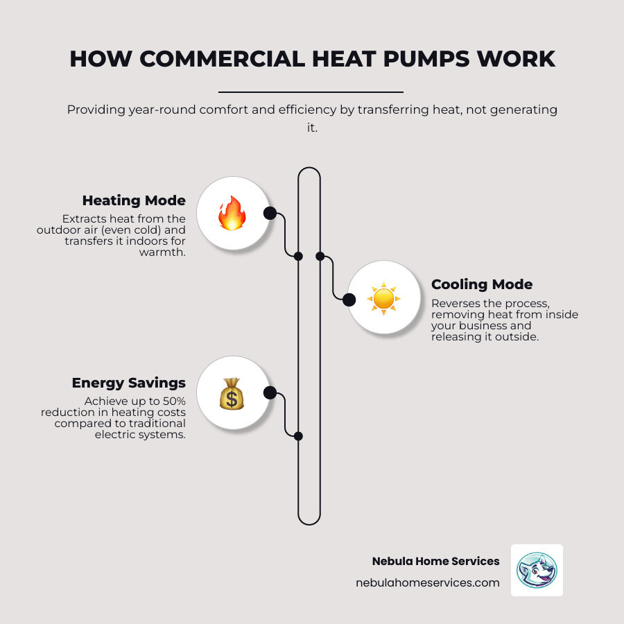Infographic showing how commercial heat pumps work: outdoor unit extracts heat from outside air in winter and transfers it indoors; in summer the process reverses to remove heat from the building and release it outside; includes arrows showing refrigerant flow cycle and labels for compressor, evaporator, and condenser components; displays energy savings comparison showing up to 50% reduction versus electric resistance heating - commercial heat pumps installations in haines city, fl infographic infographic-line-3-steps-elegant_beige Infographic showing how commercial heat pumps work: outdoor unit extracts heat from outside air in winter and transfers it indoors; in summer the process reverses to remove heat from the building and release it outside; includes arrows showing refrigerant flow cycle and labels for compressor, evaporator, and condenser components; displays energy savings comparison showing up to 50% reduction versus electric resistance heating - commercial heat pumps installations in haines city, fl infographic infographic-line-3-steps-elegant_beige
