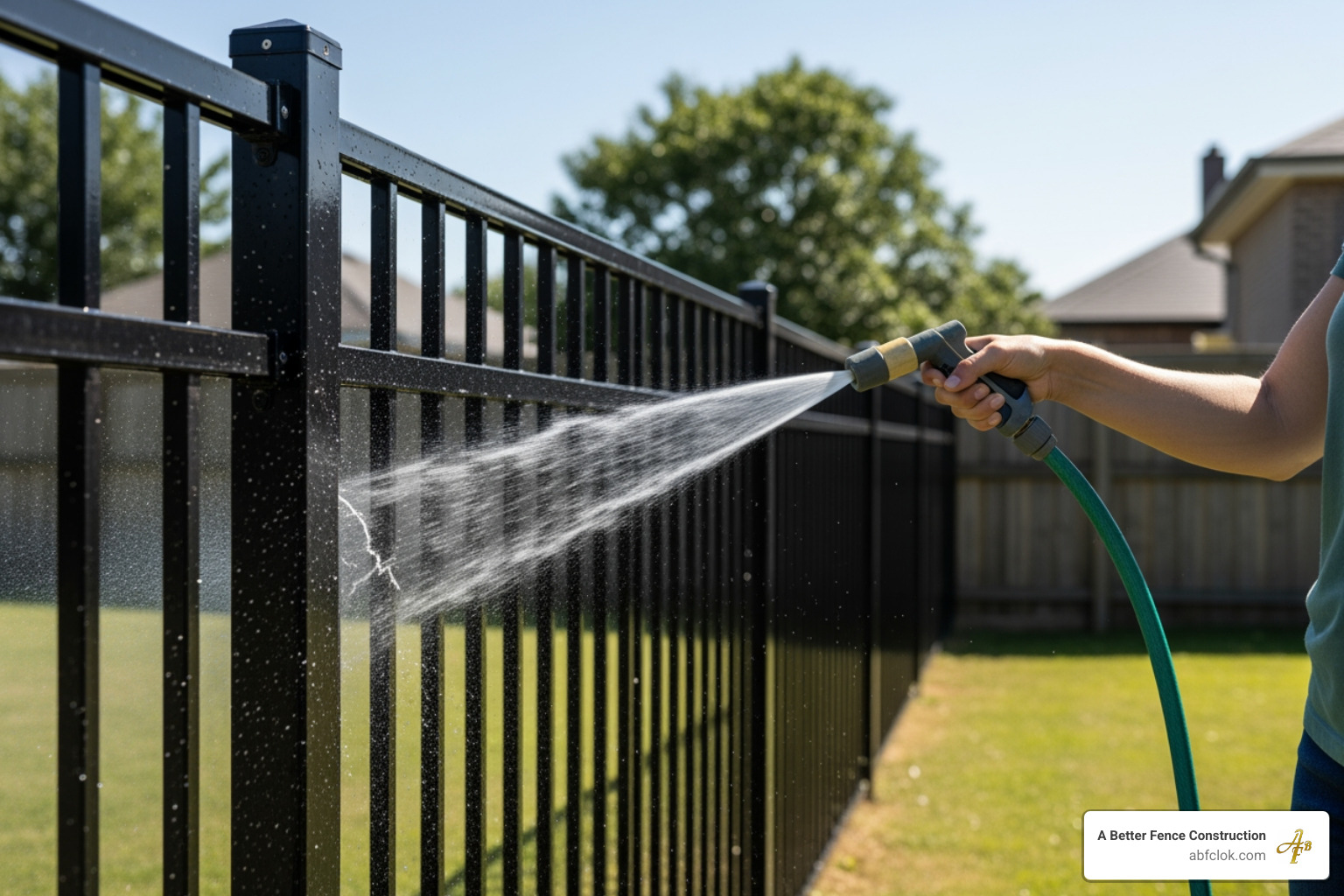 A homeowner easily spraying down their aluminum fence with a hose, demonstrating low maintenance - Aluminum fence OKC A homeowner easily spraying down their aluminum fence with a hose, demonstrating low maintenance - Aluminum fence OKC