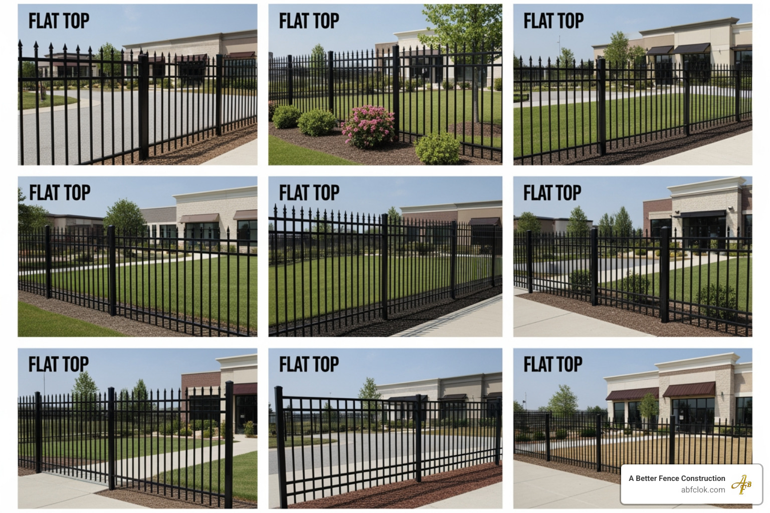 Gallery showcasing various aluminum fence styles including flat top, spear top, and decorative designs - Aluminum fence OKC Gallery showcasing various aluminum fence styles including flat top, spear top, and decorative designs - Aluminum fence OKC
