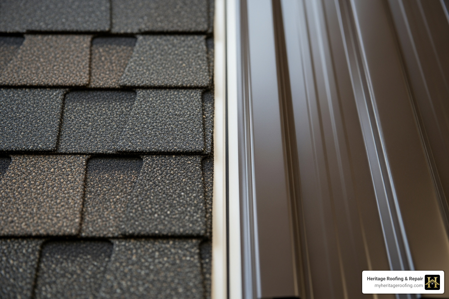 Close-up of asphalt shingles and metal roofing samples - roofing company northwest ar