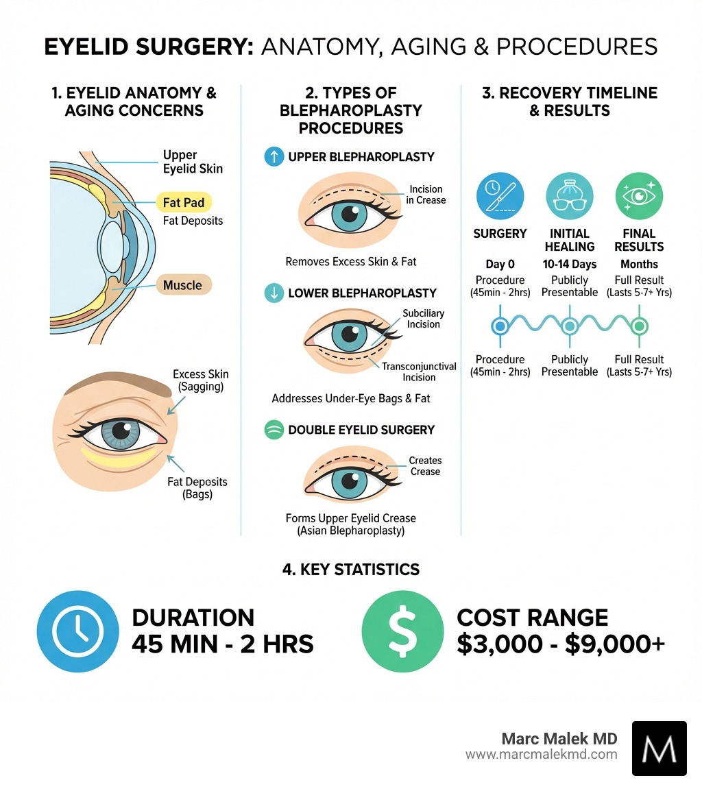 infographic showing the anatomy of the eyelid, common aging concerns like excess skin and fat deposits, the three types of blepharoplasty procedures with incision locations, typical recovery timeline from surgery to final results, and key statistics on procedure duration and cost ranges - eyelid surgery infographic infographic showing the anatomy of the eyelid, common aging concerns like excess skin and fat deposits, the three types of blepharoplasty procedures with incision locations, typical recovery timeline from surgery to final results, and key statistics on procedure duration and cost ranges - eyelid surgery infographic
