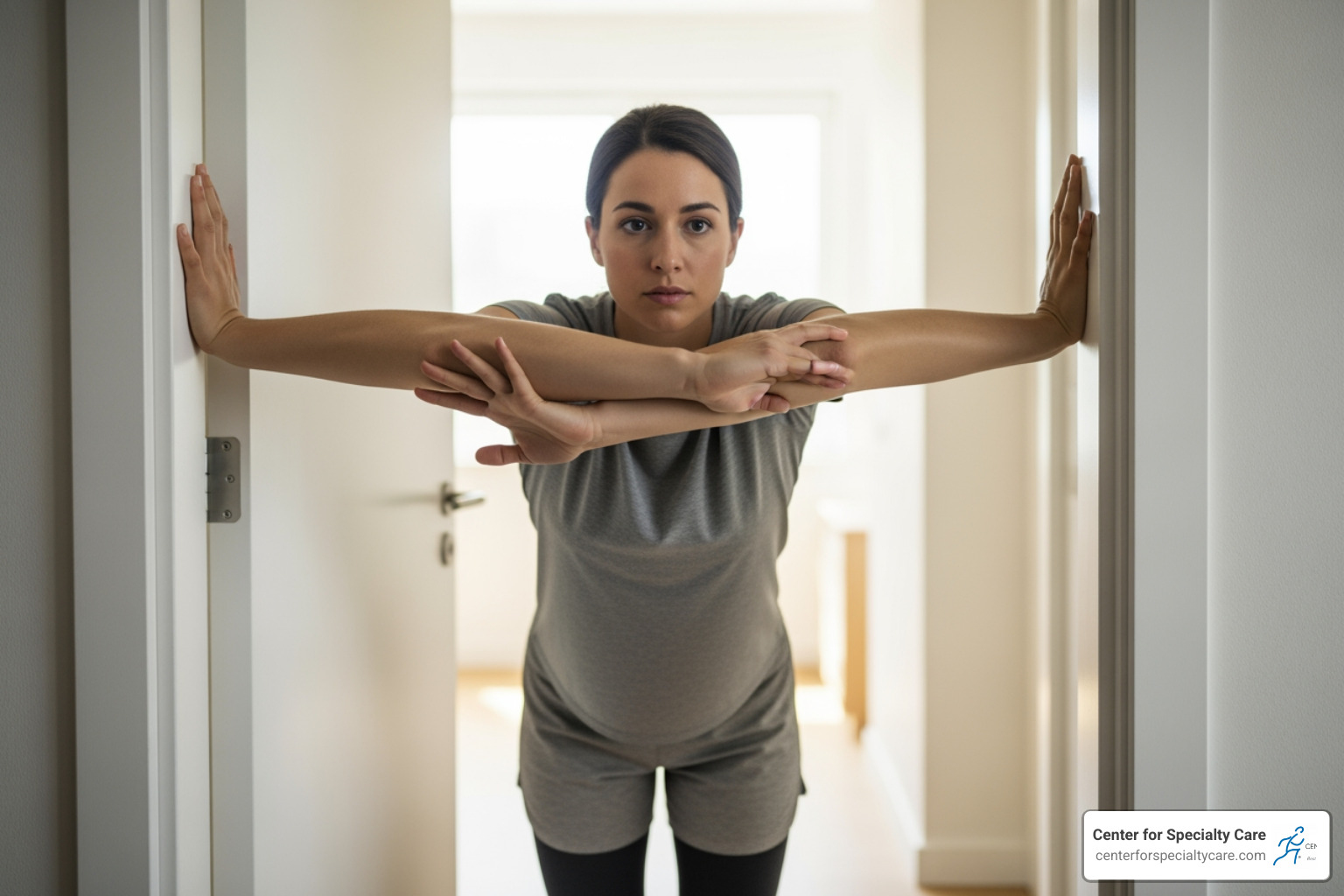 person demonstrating doorway stretch - tension knot in shoulder blade