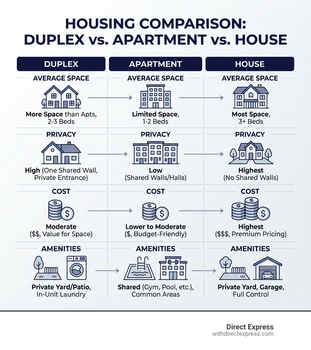 infographic comparing Duplex vs. Apartment vs. House on features like average space, privacy, cost, and amenities - duplexes available for rent infographic 