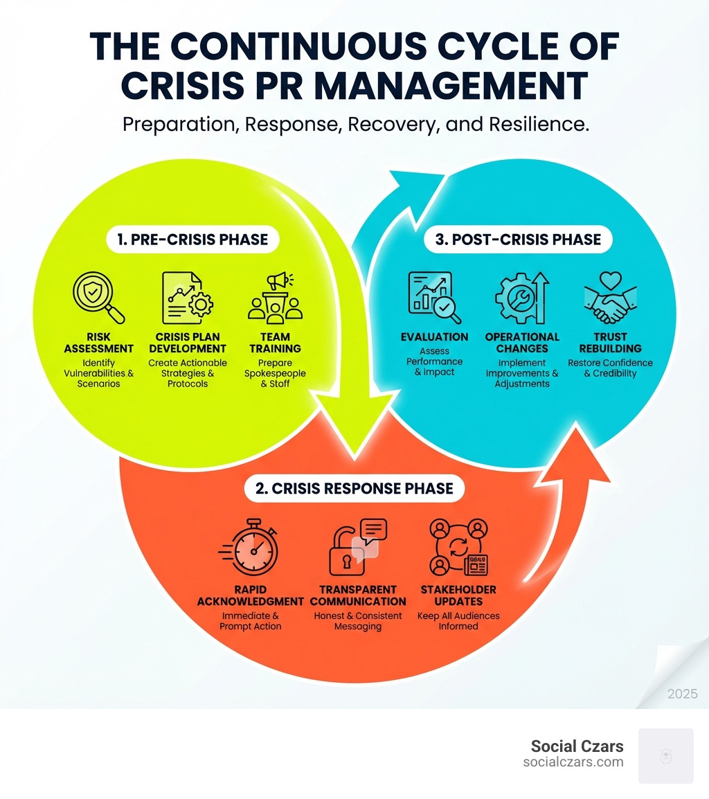 Infographic showing three distinct phases of Crisis PR management: Pre-Crisis phase with icons for risk assessment, crisis plan development, and team training; Crisis Response phase with icons for rapid acknowledgment, transparent communication, and stakeholder updates; Post-Crisis phase with icons for evaluation, operational changes, and trust rebuilding. Each phase connected by arrows showing the continuous cycle of crisis preparedness. - Crisis PR management infographic 