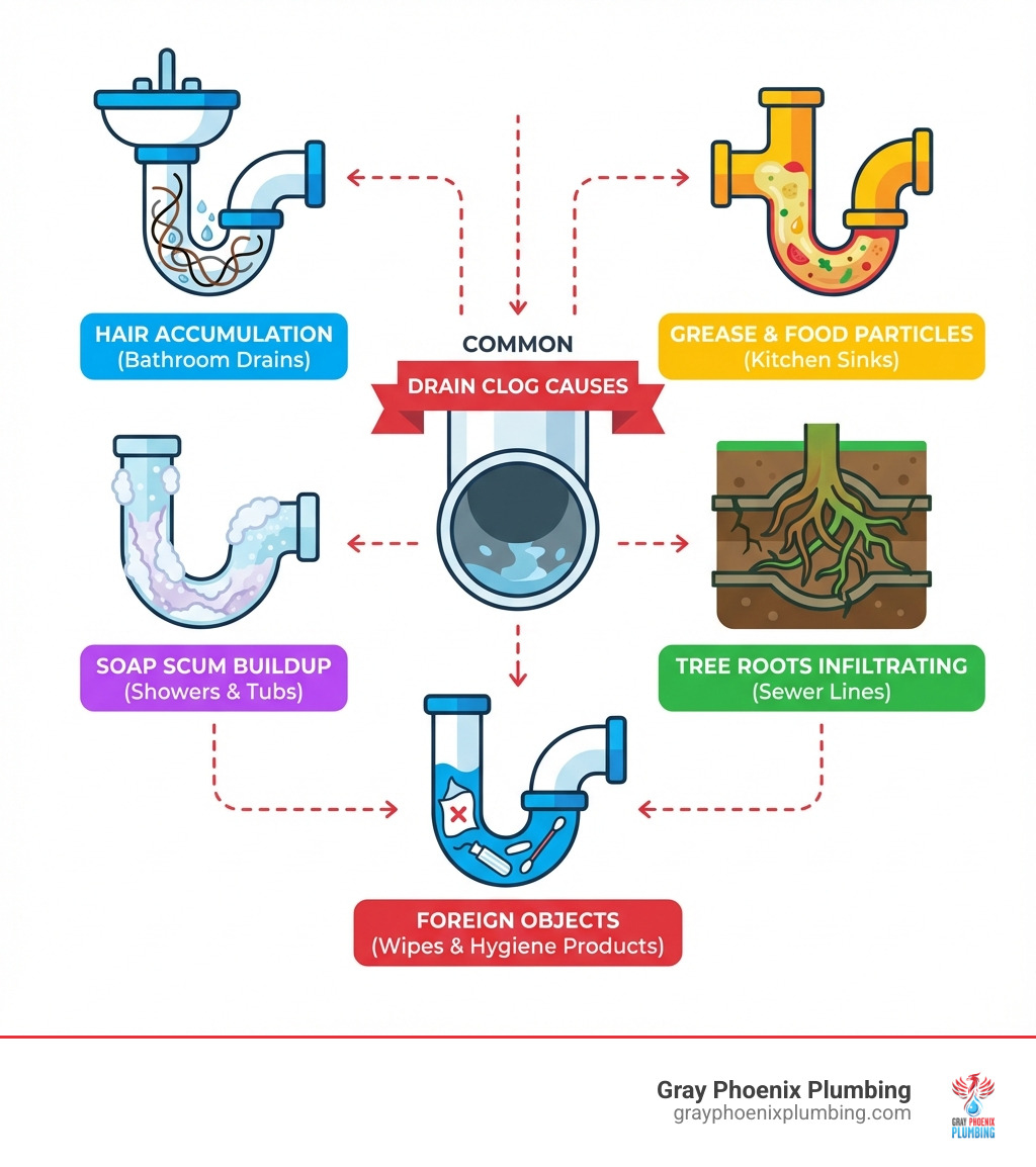 infographic showing common drain clog causes including hair accumulation in bathroom drains, grease and food particles in kitchen sinks, soap scum buildup, tree roots infiltrating sewer lines, and foreign objects like wipes and hygiene products blocking pipes - cleaning of drains infographic 