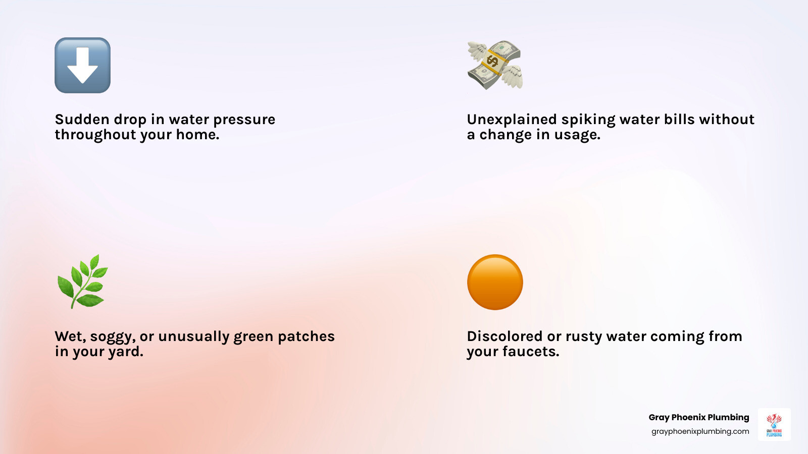 infographic showing the 5 key warning signs of a main water line leak: sudden water pressure drop, unexplained high water bills, wet or unusually green patches in yard, rusty or discolored water from taps, and unexplained water sounds or foundation cracks - Main water line repair infographic 4_facts_emoji_light-gradient infographic showing the 5 key warning signs of a main water line leak: sudden water pressure drop, unexplained high water bills, wet or unusually green patches in yard, rusty or discolored water from taps, and unexplained water sounds or foundation cracks - Main water line repair infographic 4_facts_emoji_light-gradient