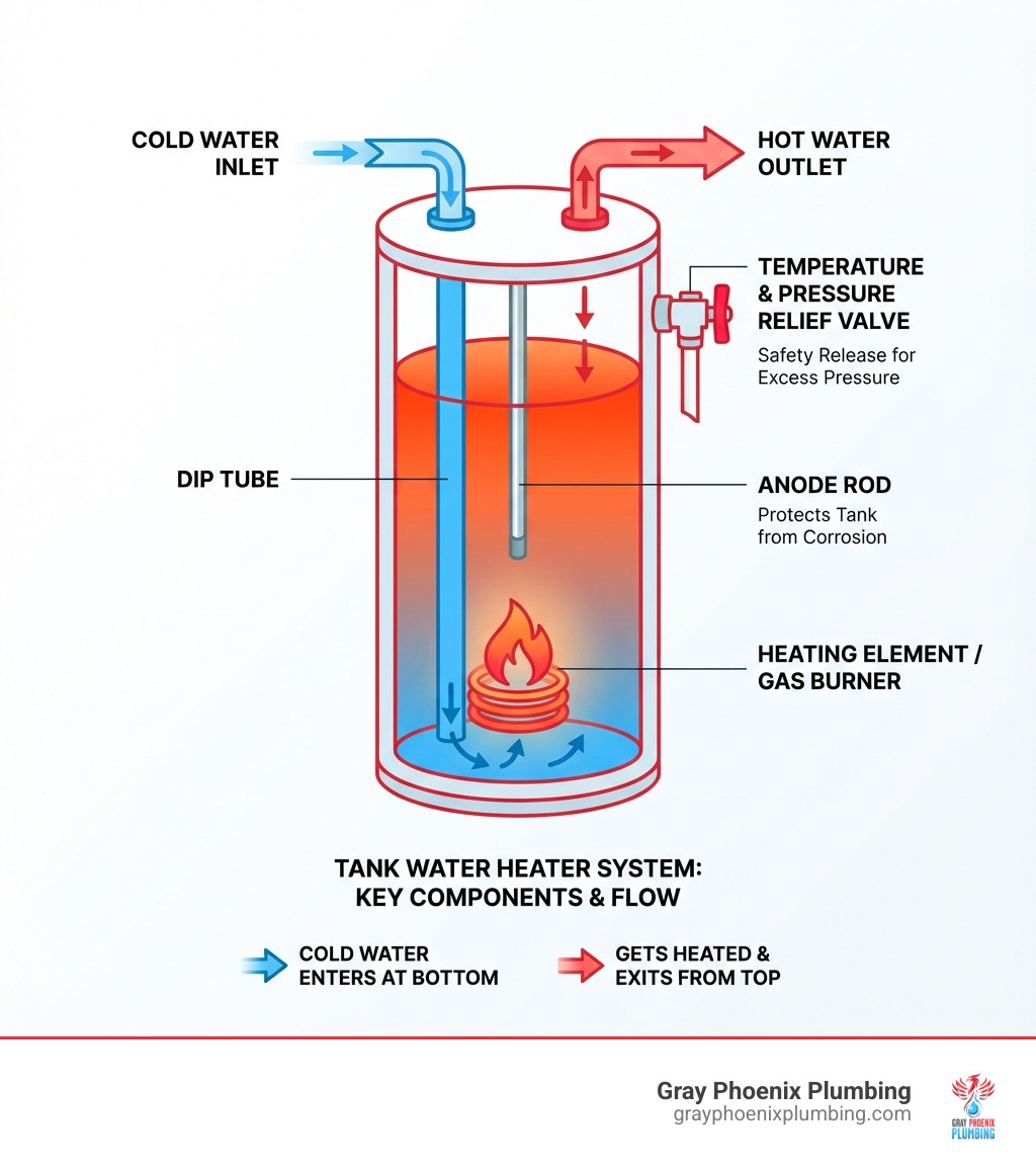 Infographic showing the main components of a tank water heater system including the cold water inlet, dip tube, heating element or gas burner, anode rod, temperature and pressure relief valve, and hot water outlet, with labels explaining how cold water enters at the bottom, gets heated, and hot water exits from the top - hot water heater Aurora infographic Infographic showing the main components of a tank water heater system including the cold water inlet, dip tube, heating element or gas burner, anode rod, temperature and pressure relief valve, and hot water outlet, with labels explaining how cold water enters at the bottom, gets heated, and hot water exits from the top - hot water heater Aurora infographic