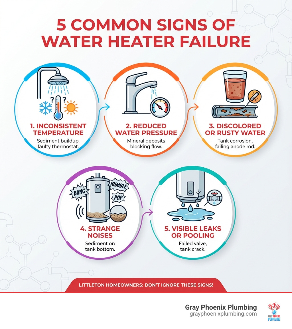 Infographic showing the 5 most common signs of water heater failure: 1. Inconsistent water temperature (indicates sediment buildup or faulty thermostat), 2. Reduced water pressure from hot water taps (mineral deposits blocking flow), 3. Discolored or rusty water (tank corrosion or failing anode rod), 4. Strange noises like banging, rumbling, or popping (sediment on tank bottom), 5. Visible leaks or pooling water (failed valve or tank crack) - water heater repair littleton infographic 