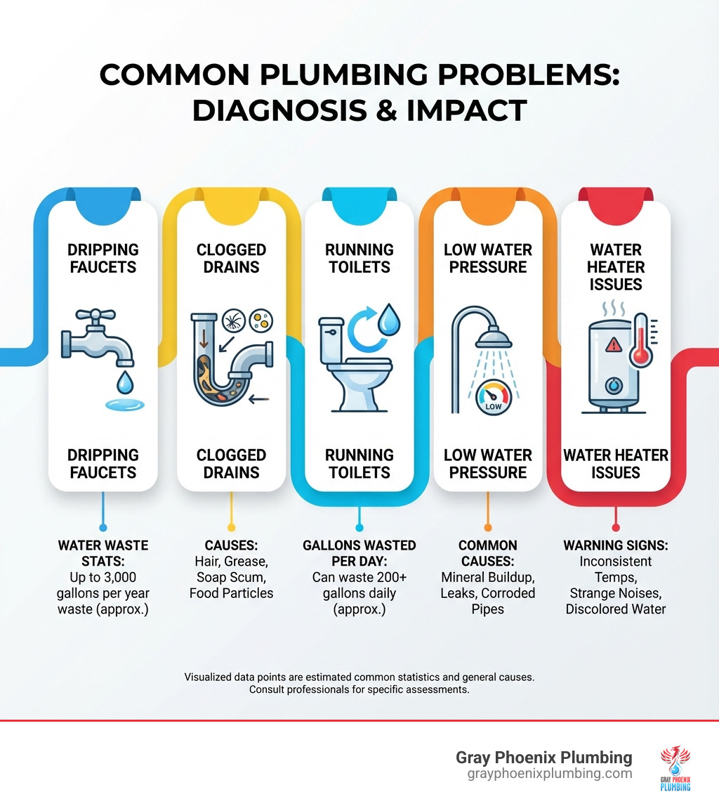 infographic showing the 5 most common plumbing problems: dripping faucets with water waste statistics, clogged drains with causes, running toilets with gallons wasted per day, low water pressure with common causes, and water heater issues with warning signs - plumbing repair Aurora CO infographic 