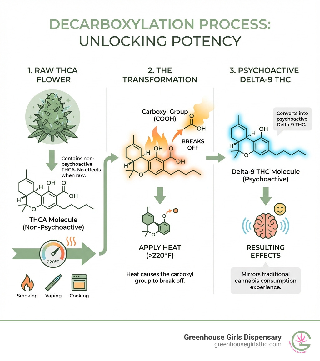 Infographic showing the decarboxylation process: Raw THCA flower contains non-psychoactive THCA molecules; when heat is applied through smoking, vaping, or cooking at temperatures above 220°F, the carboxyl group breaks off, converting THCA into psychoactive Delta-9 THC; the resulting effects mirror traditional cannabis consumption - premium thca flower infographic 