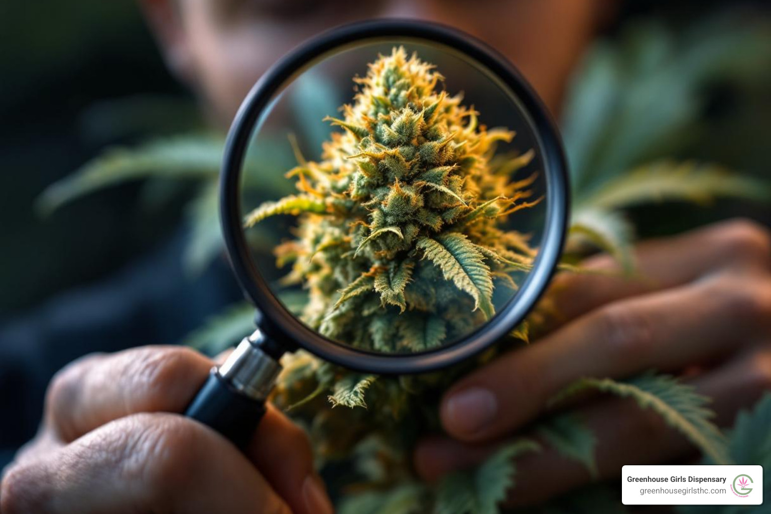 Person inspecting a THCA flower bud with a magnifying glass - premium thca flower