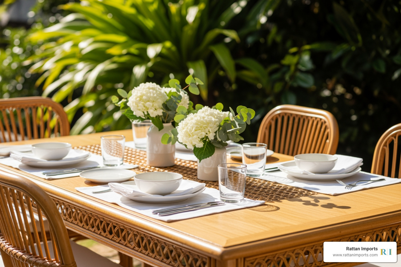 A beautifully set rattan dining table with natural light and lush greenery in the background - rattan dining table A beautifully set rattan dining table with natural light and lush greenery in the background - rattan dining table
