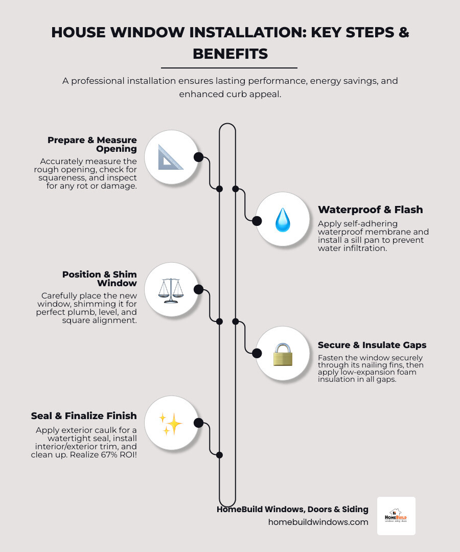 Infographic showing the house window installation process from preparation through finishing, including key steps like measuring the rough opening, installing waterproof membrane and sill pan, shimming the window level and plumb, securing through nailing fins, insulating gaps with low-expansion foam, and applying exterior caulk, plus benefits like 67% ROI, improved energy efficiency, reduced drafts, and increased home value - house window installation infographic infographic-line-5-steps-elegant_beige
