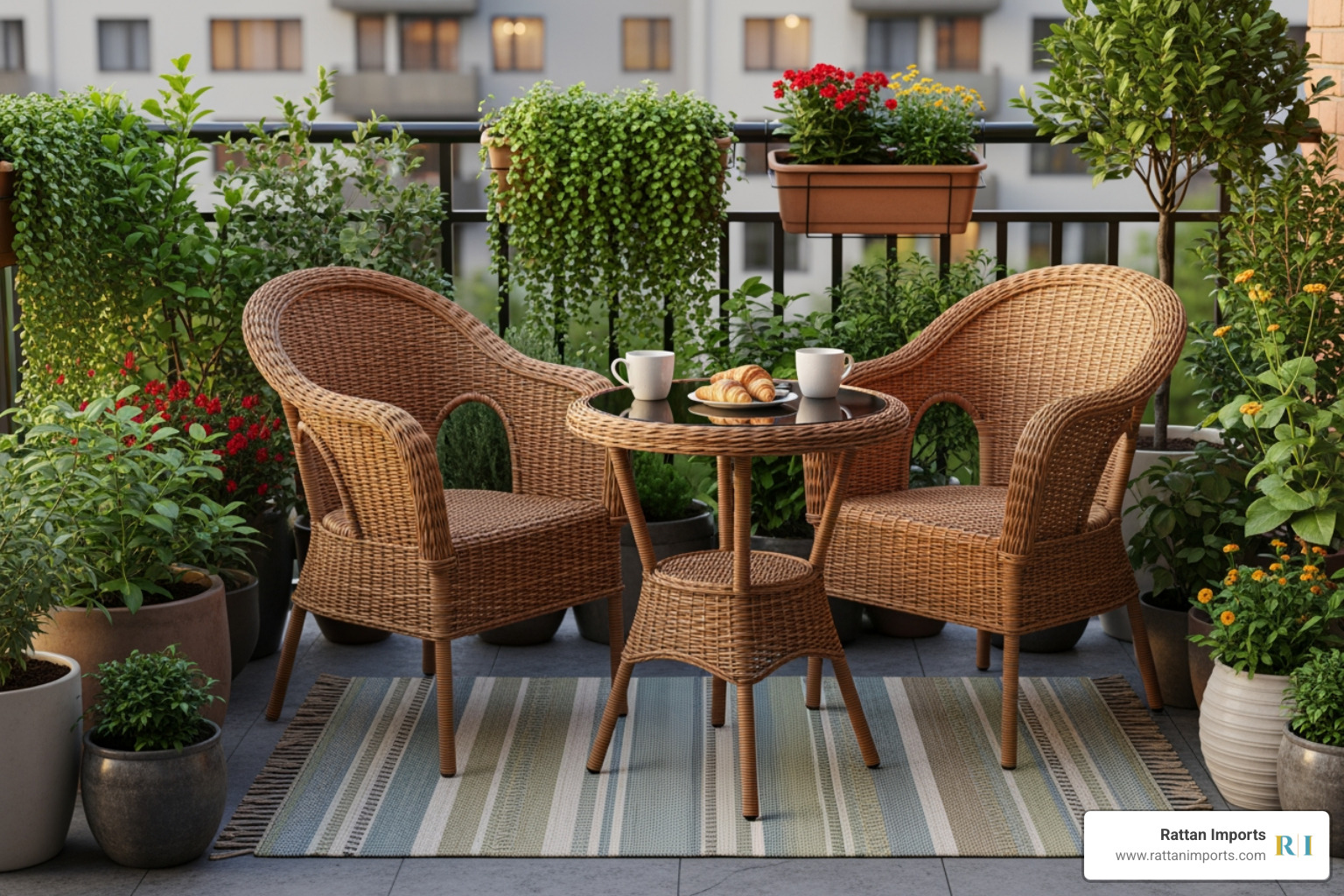 Compact wicker bistro set with two chairs and a small round table on a cozy urban balcony, surrounded by potted plants - outdoor wicker patio dining set