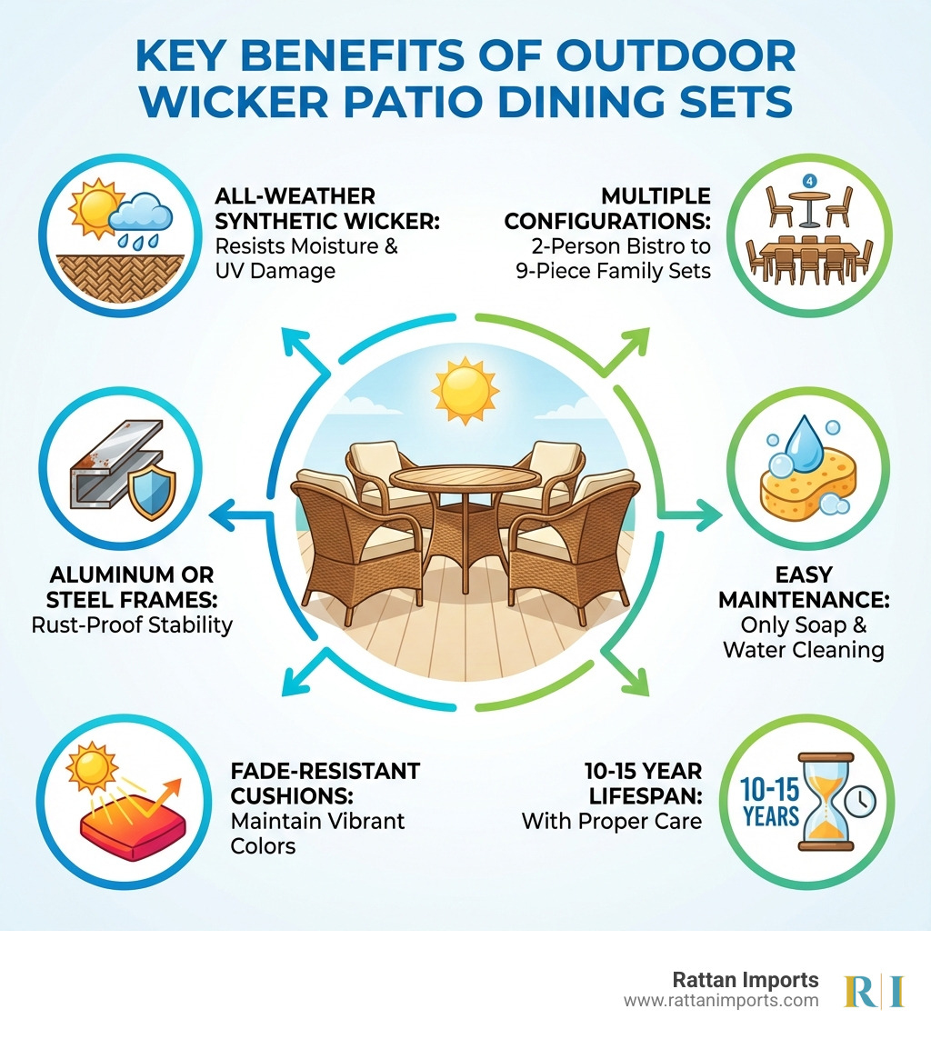 Infographic showing key benefits of outdoor wicker patio dining sets: All-Weather Synthetic Wicker resists moisture and UV damage, Aluminum or Steel Frames provide rust-proof stability, Fade-Resistant Cushions maintain vibrant colors season after season, Multiple Configurations available from 2-person bistro to 9-piece family sets, Easy Maintenance requiring only soap and water cleaning, and 10-15 Year Lifespan with proper care - outdoor wicker patio dining set infographic 
