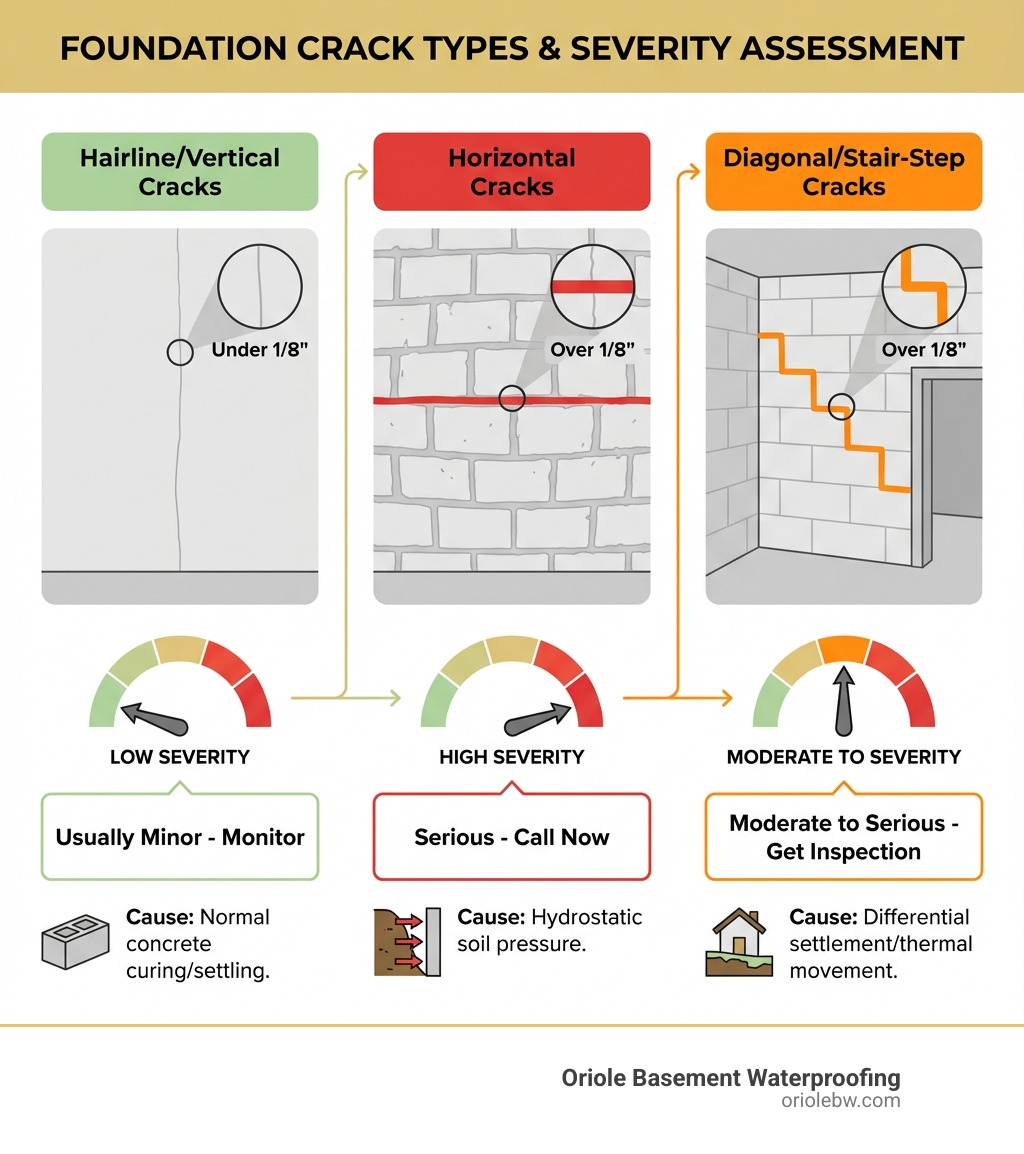 Infographic showing three foundation crack types with illustrations: 1) Hairline/Vertical Cracks (thin, running up and down, labeled "Usually Minor - Monitor"), 2) Horizontal Cracks (running side to side, labeled "Serious - Call Now"), and 3) Diagonal/Stair-Step Cracks (angled or zigzag pattern, labeled "Moderate to Serious - Get Inspection"). Each includes a severity meter and brief cause description. - foundation crack infographic 