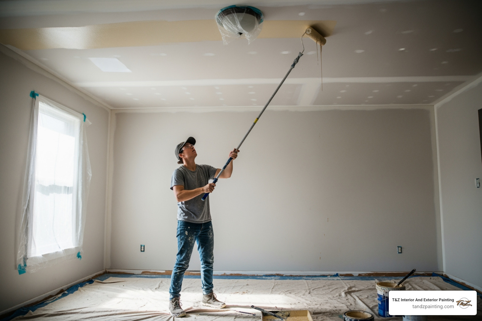 person using a roller with an extension pole on a ceiling - painting the room