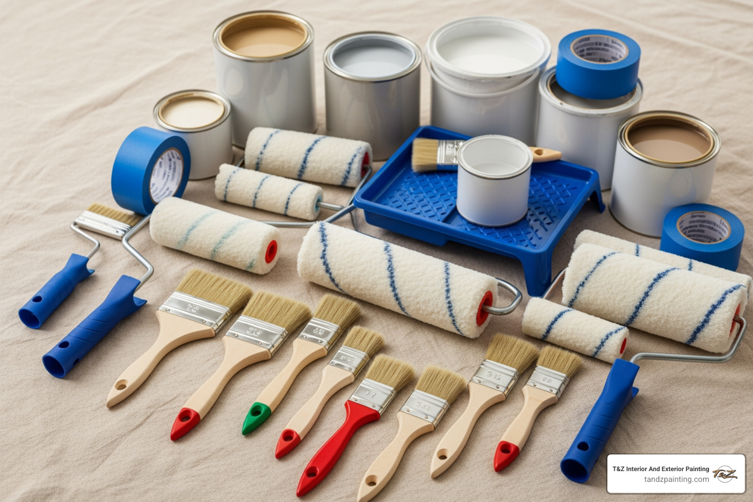 essential painting tools laid out on a drop cloth - painting the room