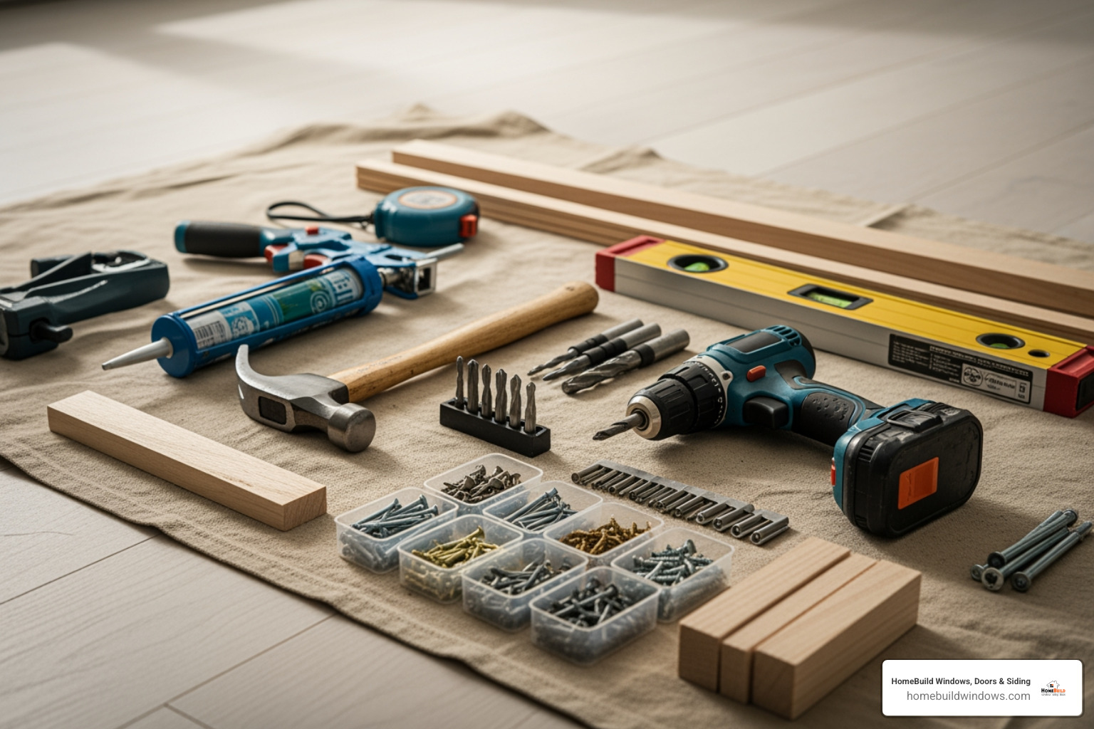 Tools and materials laid out neatly on a drop cloth - pre-hung door replacement