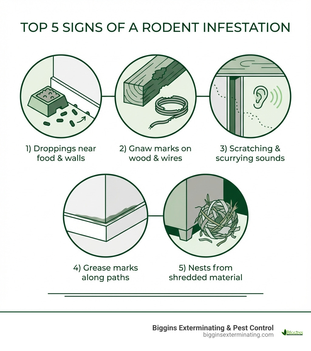 Infographic showing the top 5 signs of a rodent infestation: 1) Droppings near food sources or along walls, 2) Gnaw marks on wood, wires, or food packaging, 3) Scratching or scurrying sounds in walls or ceilings, 4) Grease marks along baseboards and walls, 5) Nests made from shredded paper or fabric in hidden areas - Rodent control Reading MA infographic 