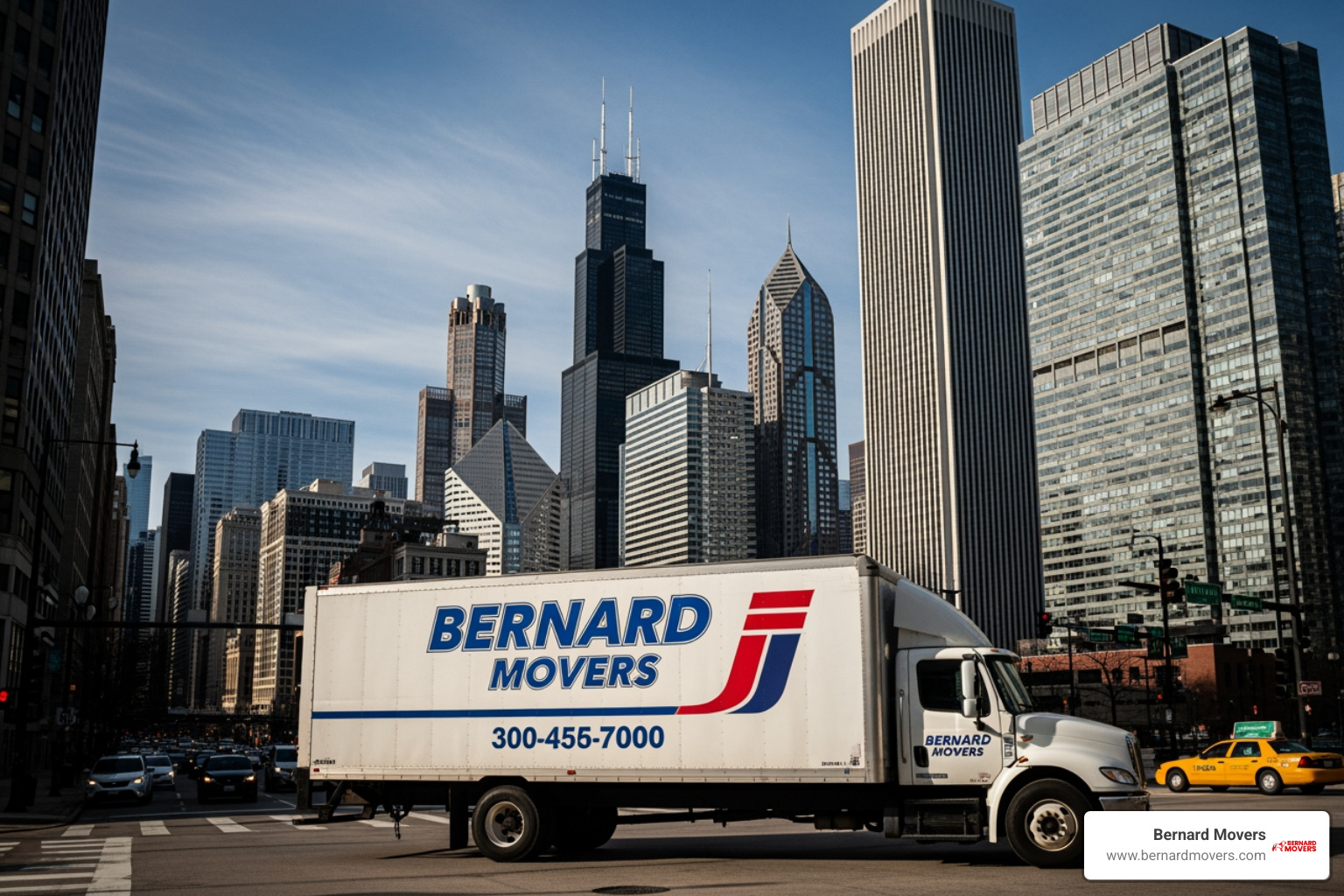 Chicago skyline with a Bernard Movers truck driving through the city. - storage for business