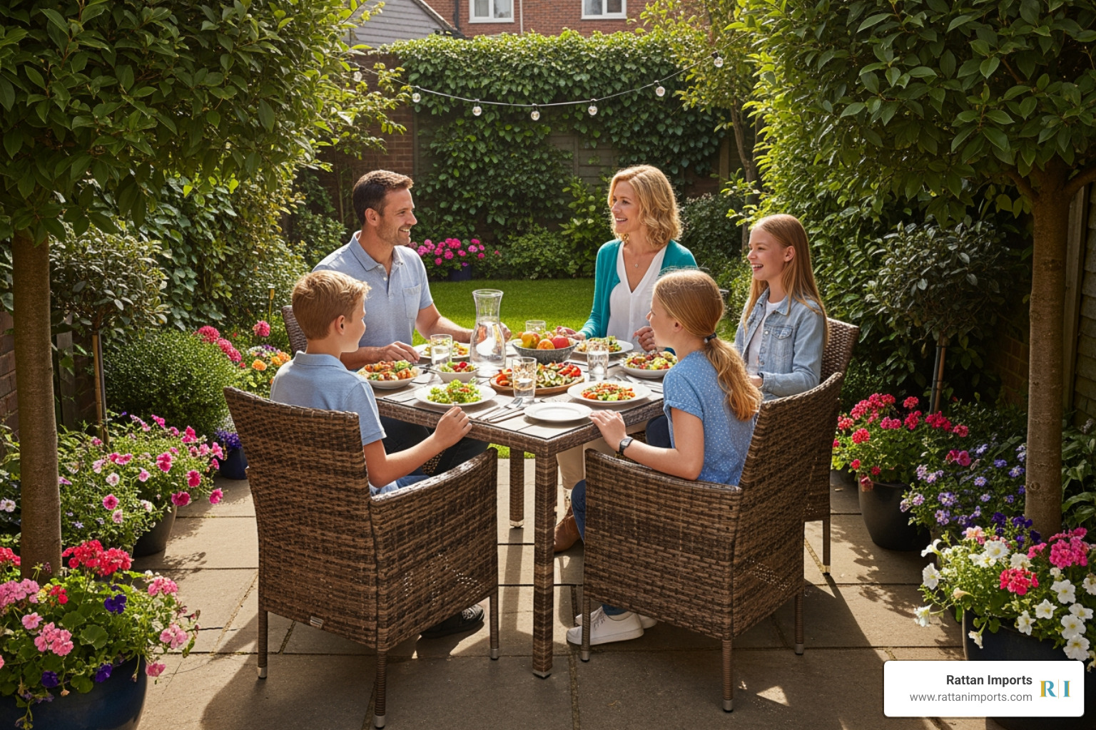 Family enjoying a meal at a 4-seat cube set in a small garden - 4 seat cube dining set Family enjoying a meal at a 4-seat cube set in a small garden - 4 seat cube dining set