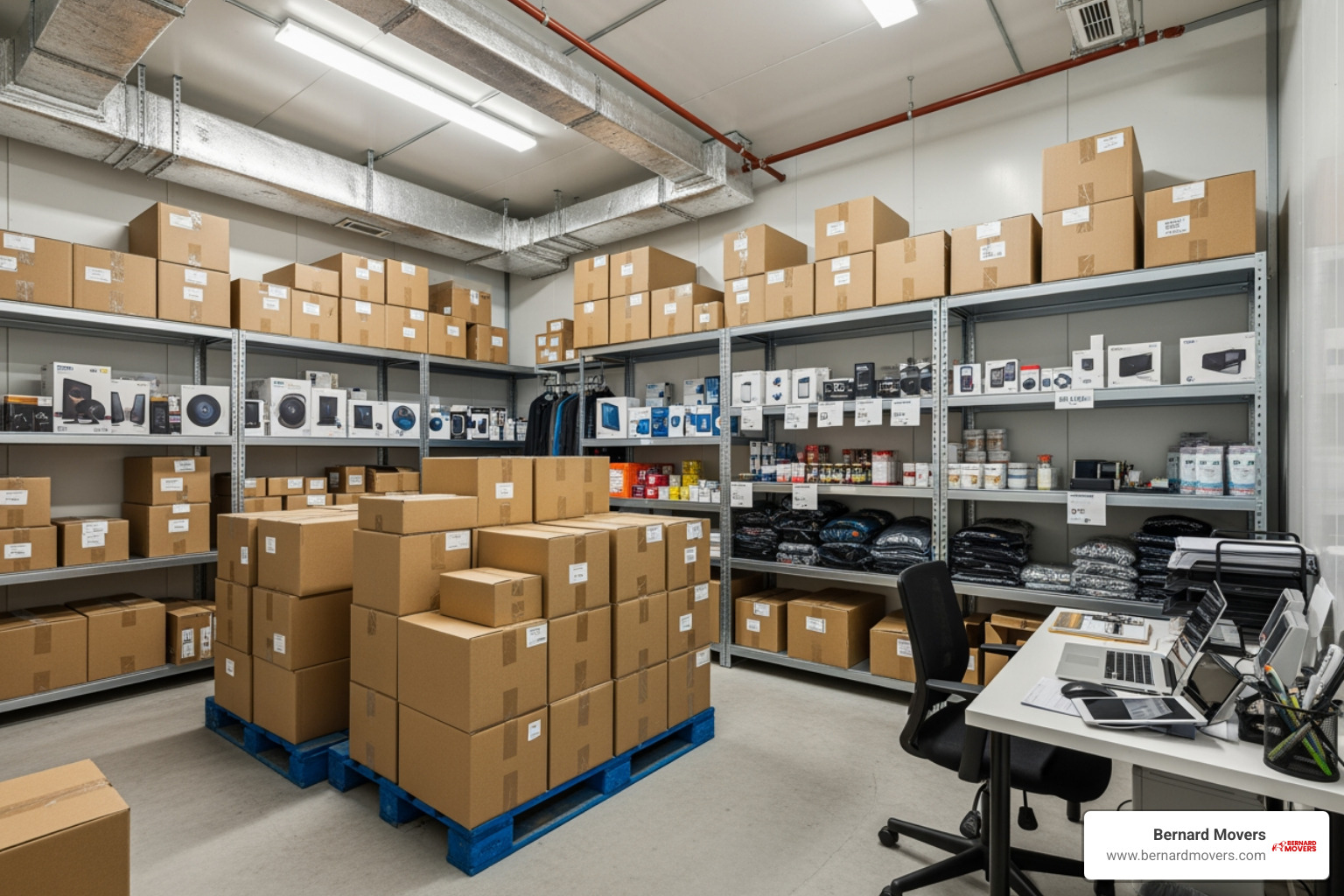 A well-organized climate-controlled storage unit with business inventory, including boxes, shelves, and a small desk. - storage for business