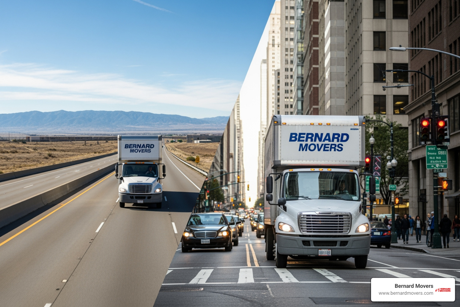 Bernard Movers truck on highway vs city street - cost of moving home calculator
