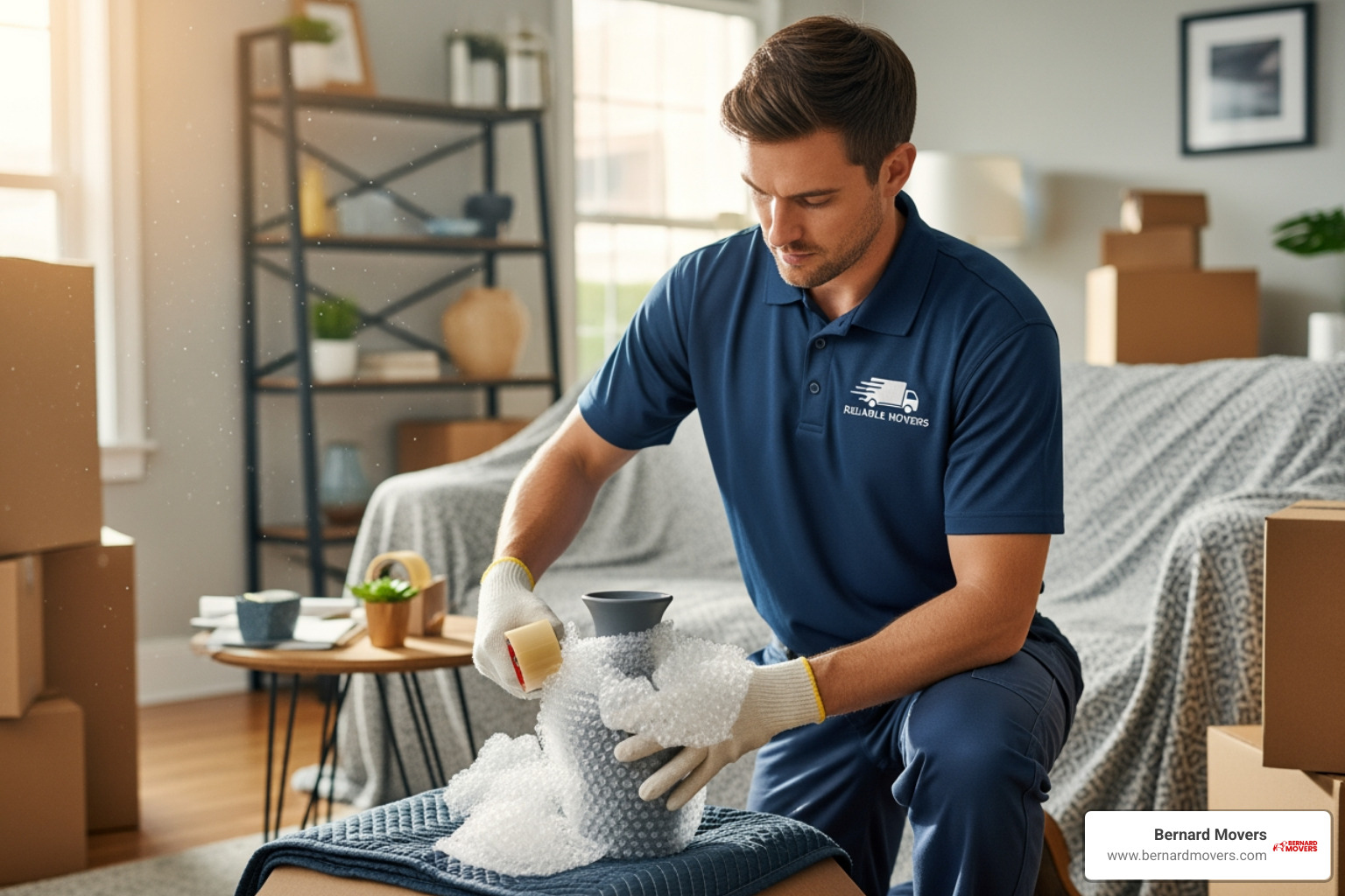 Bernard Movers team member wrapping fragile item - cost of moving home calculator
