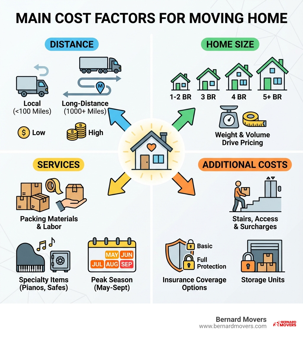 infographic showing main cost factors for moving: a house icon with arrows pointing to Distance (local vs long-distance with truck icons), Home Size (1-5 bedroom houses), Services (boxes for packing, specialty items like pianos, calendar showing May-Sept peak season), and Additional Costs (stairs, insurance coverage, storage units) - cost of moving home calculator infographic 