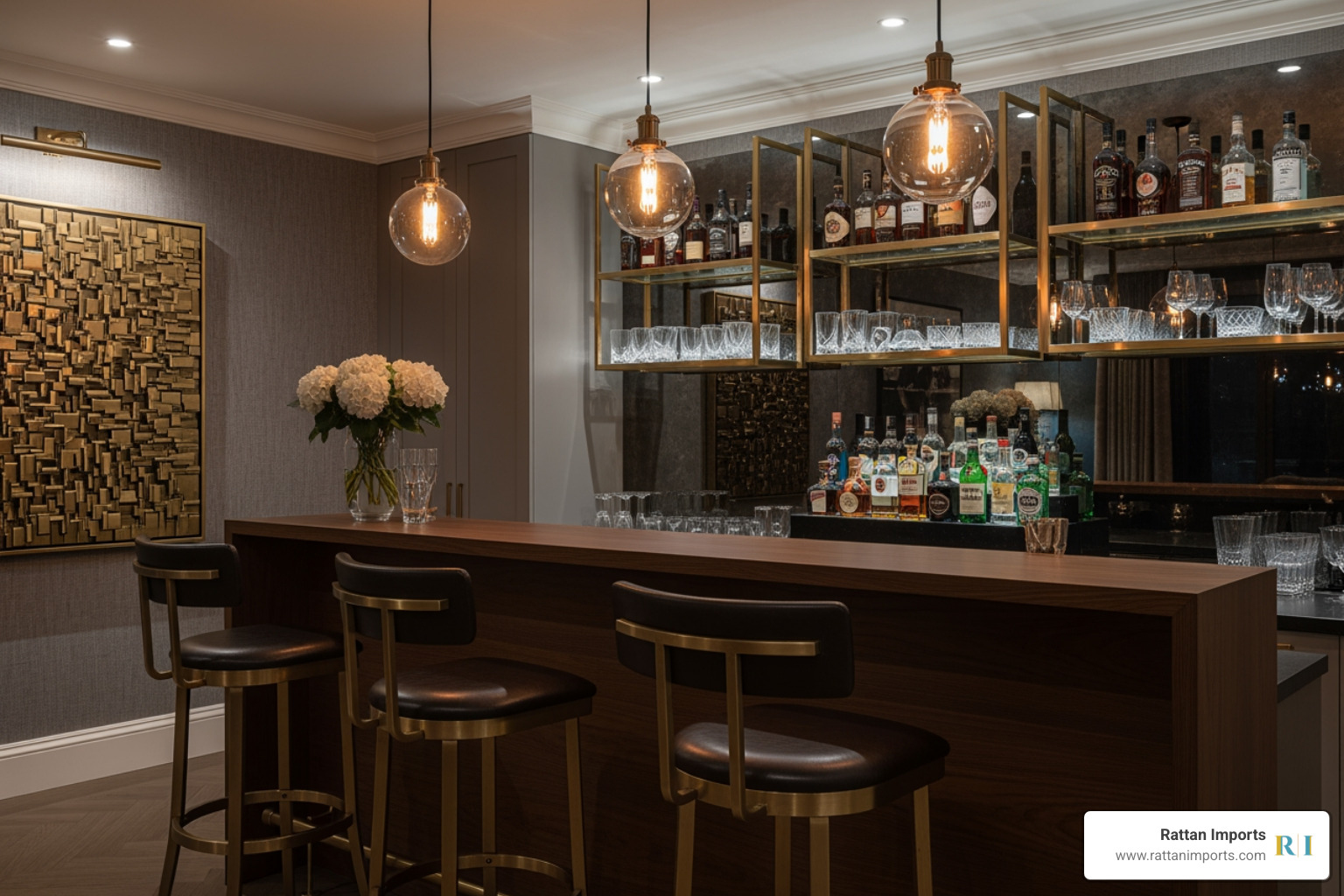 brass bar stools in a stylish home bar setting - brass bar stools