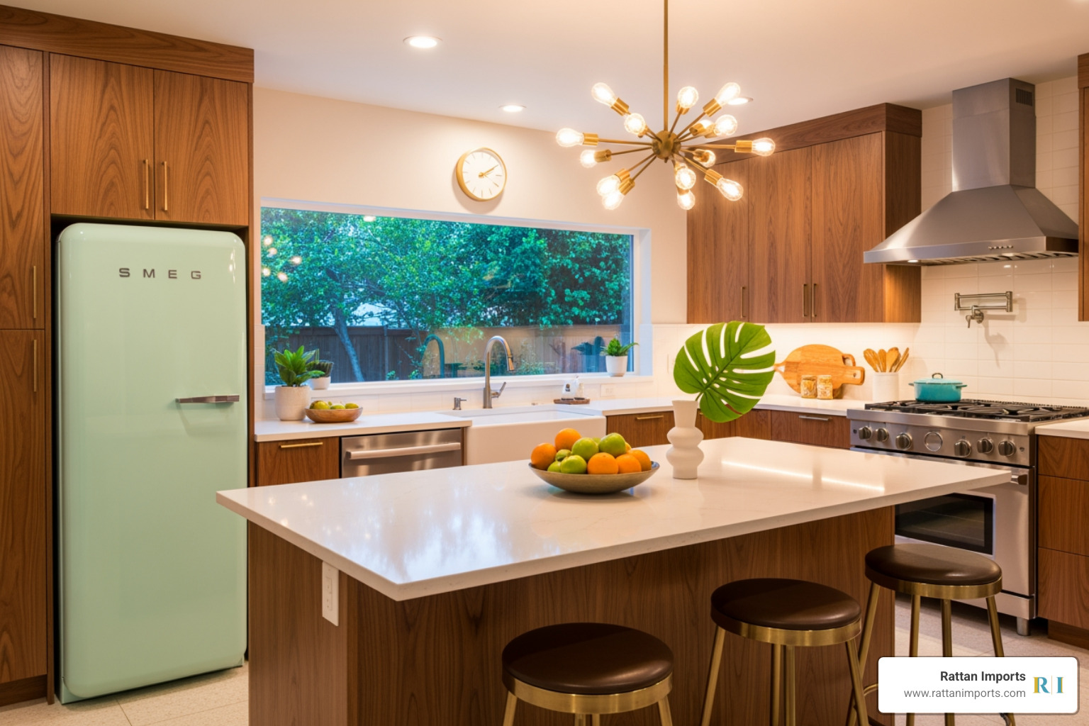 mid-century modern kitchen featuring brass stools - brass bar stools