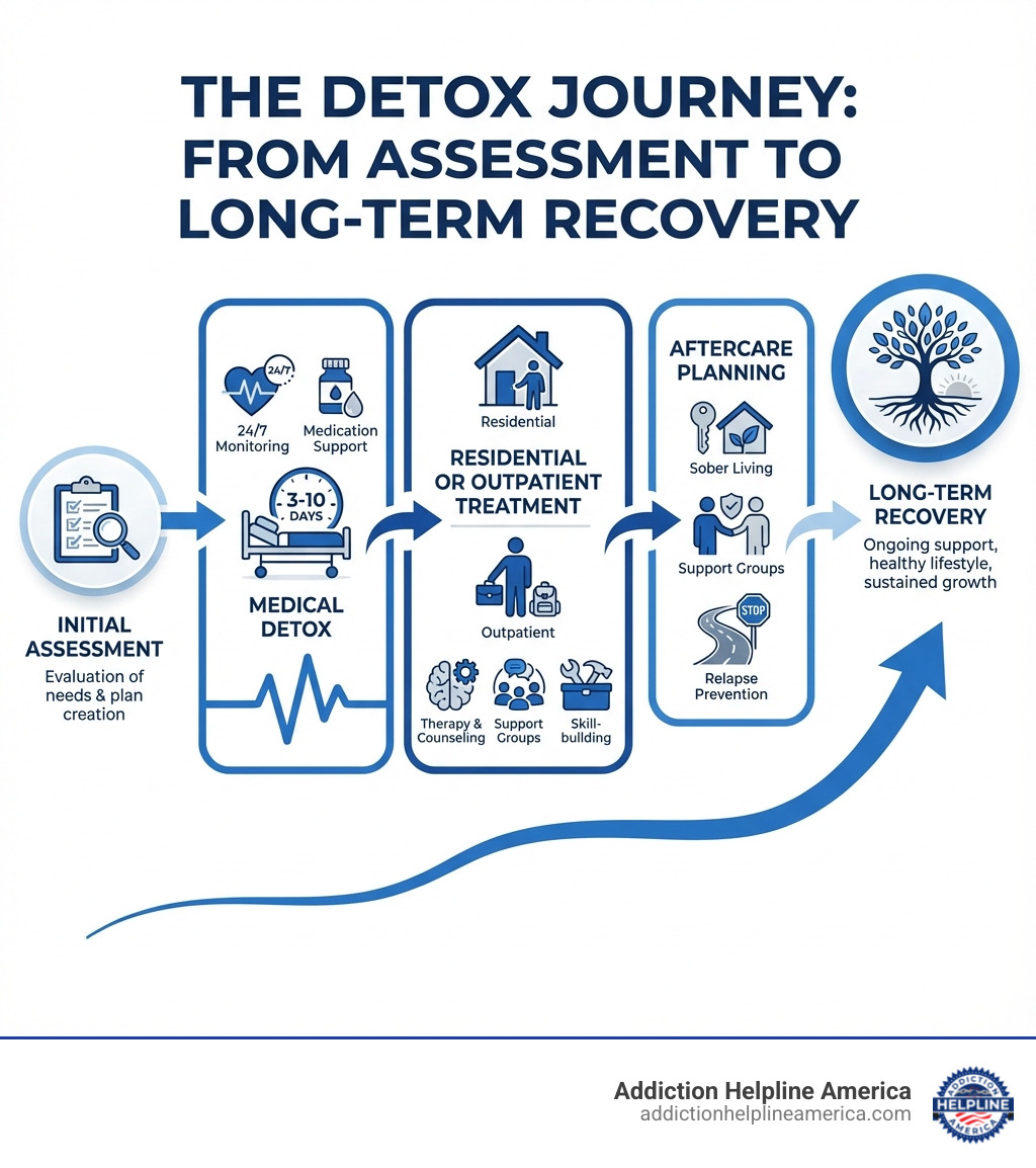 Infographic showing the detox journey: Initial Assessment leads to Medical Detox (3-10 days with 24/7 monitoring and medication support), followed by Residential or Outpatient Treatment (therapy, counseling, skill-building), then Aftercare Planning (sober living, support groups, relapse prevention), and finally Long-term Recovery with ongoing support - Boston detox centers infographic Infographic showing the detox journey: Initial Assessment leads to Medical Detox (3-10 days with 24/7 monitoring and medication support), followed by Residential or Outpatient Treatment (therapy, counseling, skill-building), then Aftercare Planning (sober living, support groups, relapse prevention), and finally Long-term Recovery with ongoing support - Boston detox centers infographic