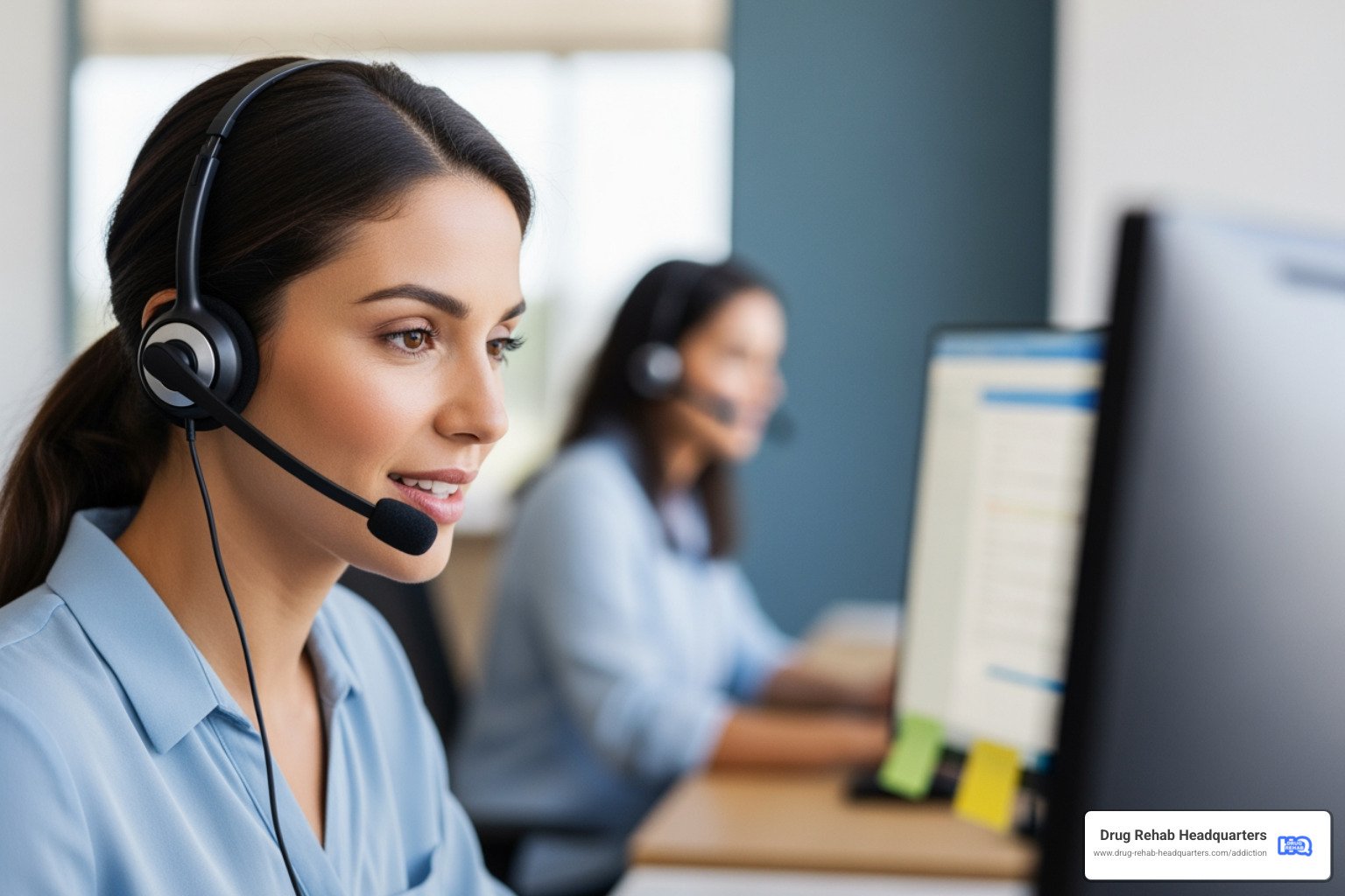 hotline operator with headset speaking to someone - alcohol addiction hotline