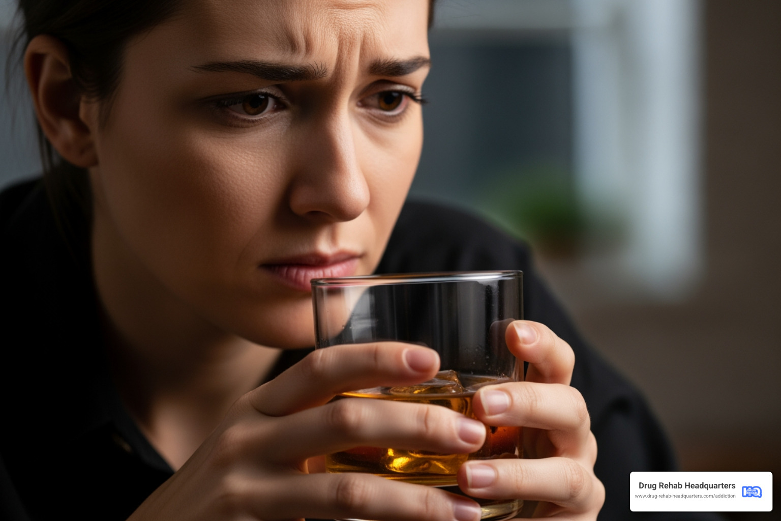 person looking worried while holding an alcoholic drink - alcohol addiction hotline