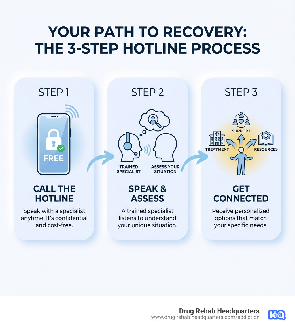 infographic showing three steps: Step 1 Call the hotline for free confidential support, Step 2 Speak with a trained specialist who assesses your situation, Step 3 Get connected to treatment options that match your needs - alcohol addiction hotline infographic 
