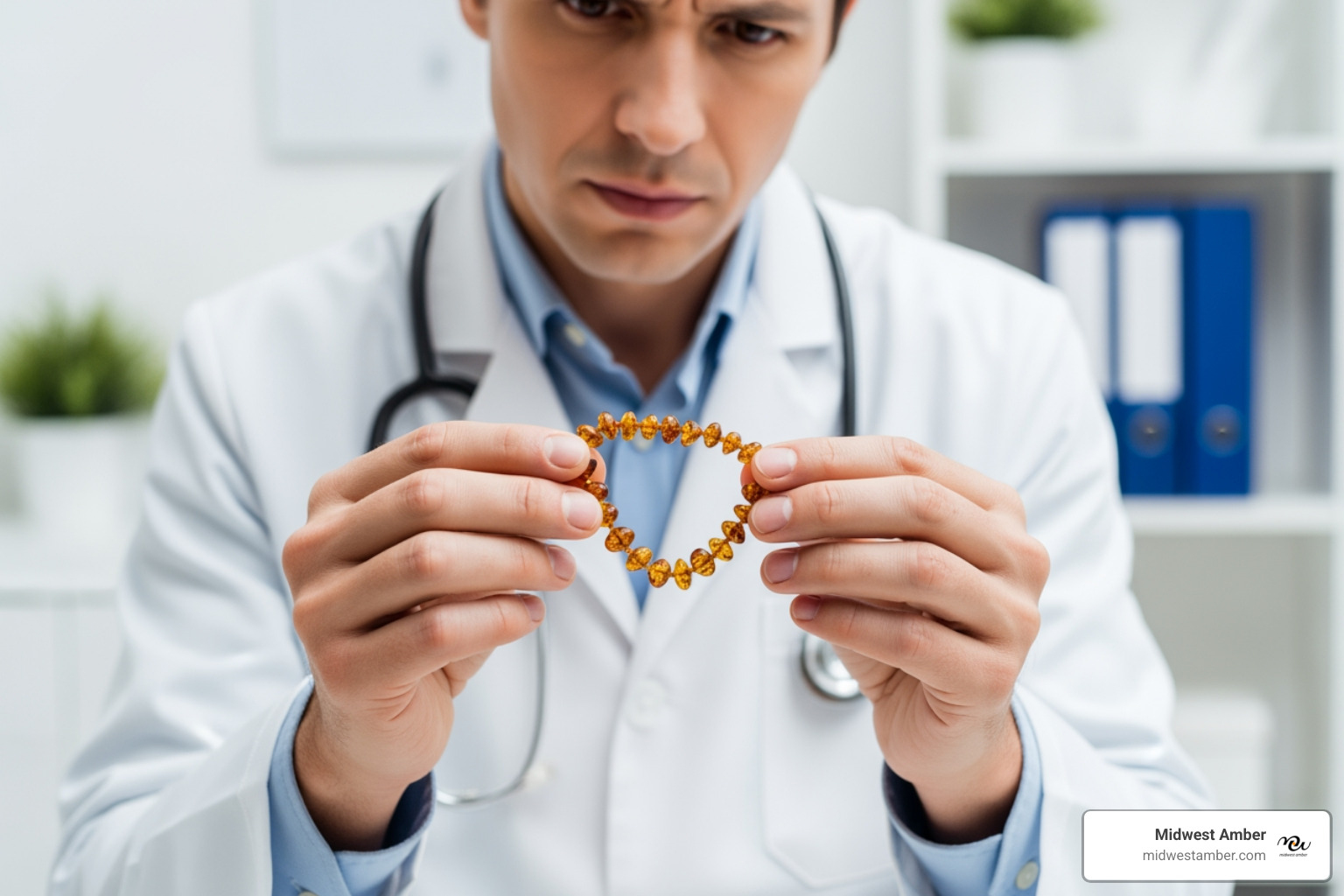 doctor looking at an amber anklet with a cautionary expression - teething amber anklet