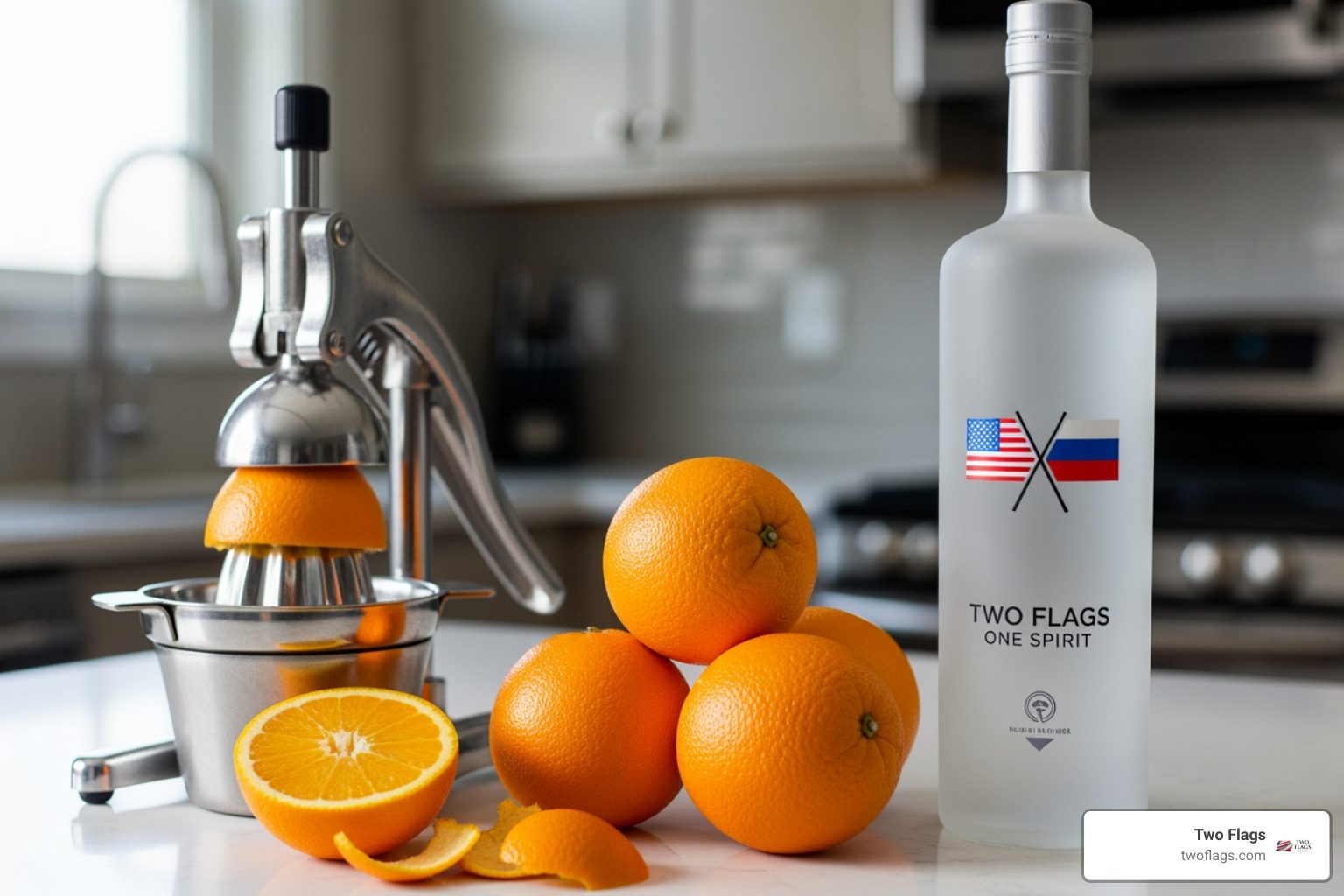 Two Flags One Spirit vodka next to fresh oranges and a juicer - screwdriver cocktail