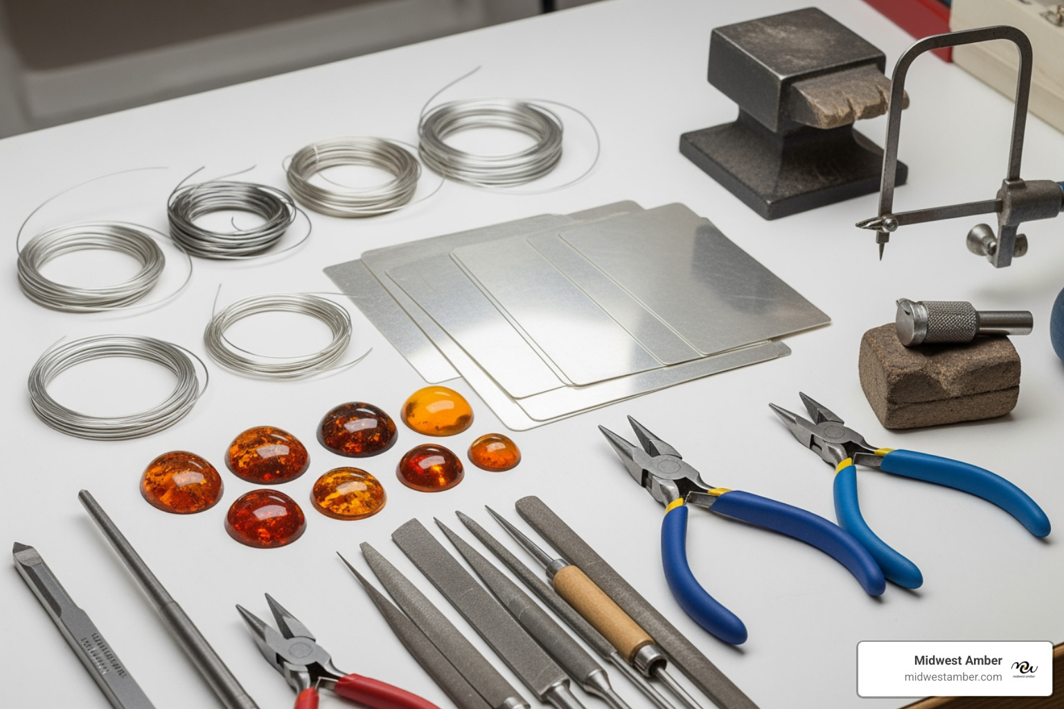 all the necessary tools and materials neatly arranged for a jewelry-making project - sterling silver bezel set amber bracelet