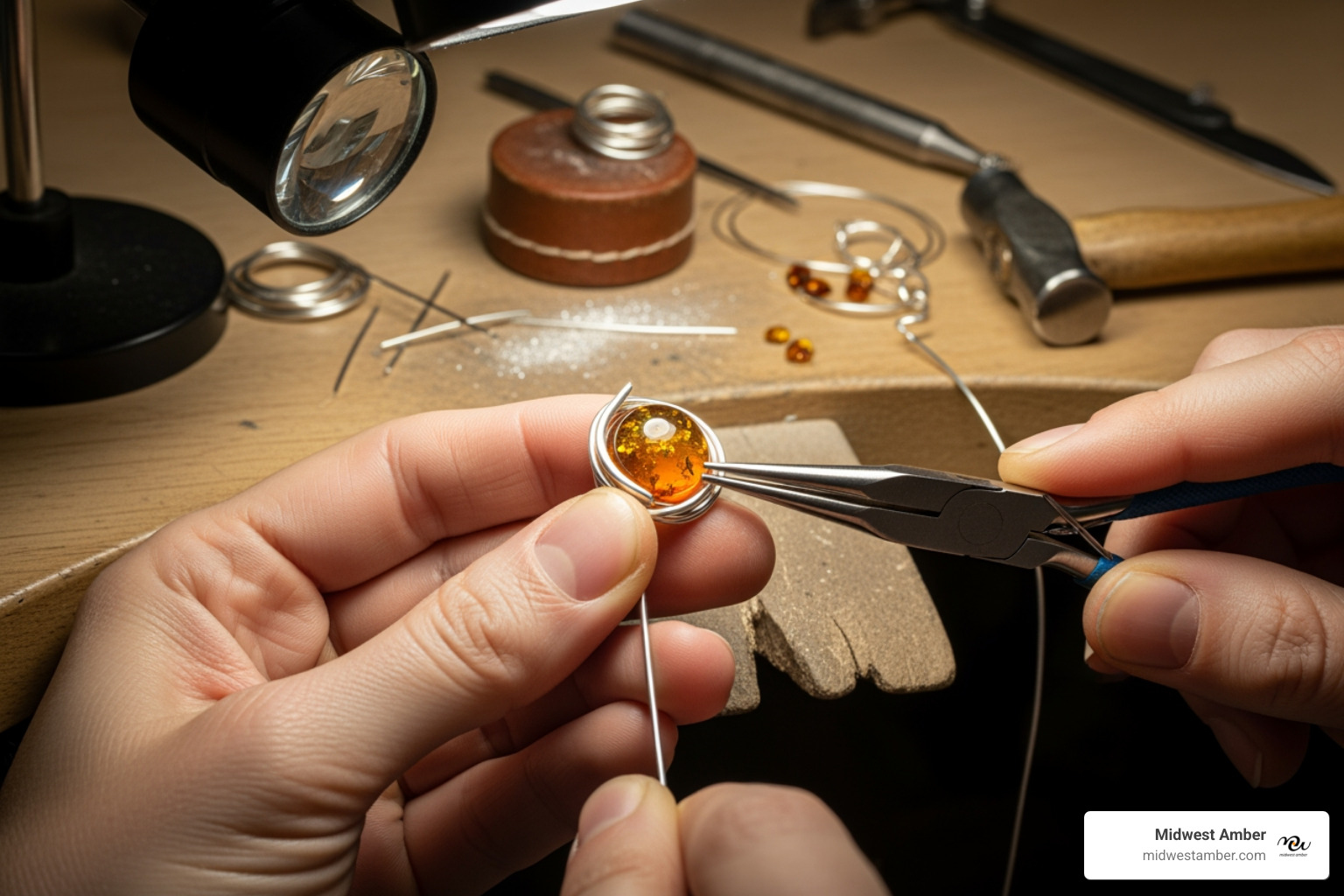hands carefully shaping bezel wire around an amber cabochon - sterling silver bezel set amber bracelet