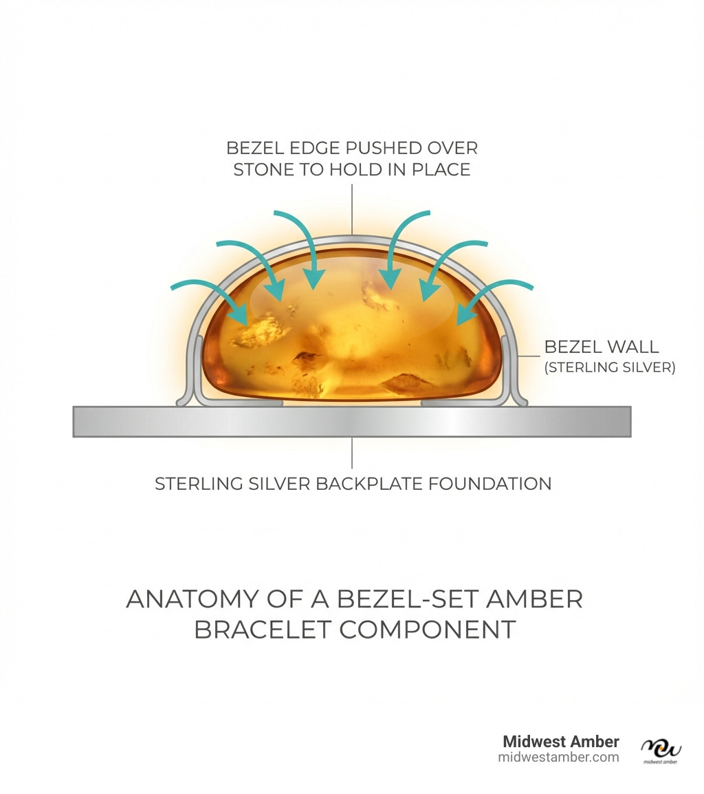 Detailed infographic showing the anatomy of a bezel-set amber bracelet, with labeled cross-section view highlighting the bezel wall wrapping around the amber stone, the sterling silver backplate foundation, the amber cabochon nestled securely inside, and arrows indicating how the bezel edge is pushed over the stone to hold it in place - sterling silver bezel set amber bracelet infographic 