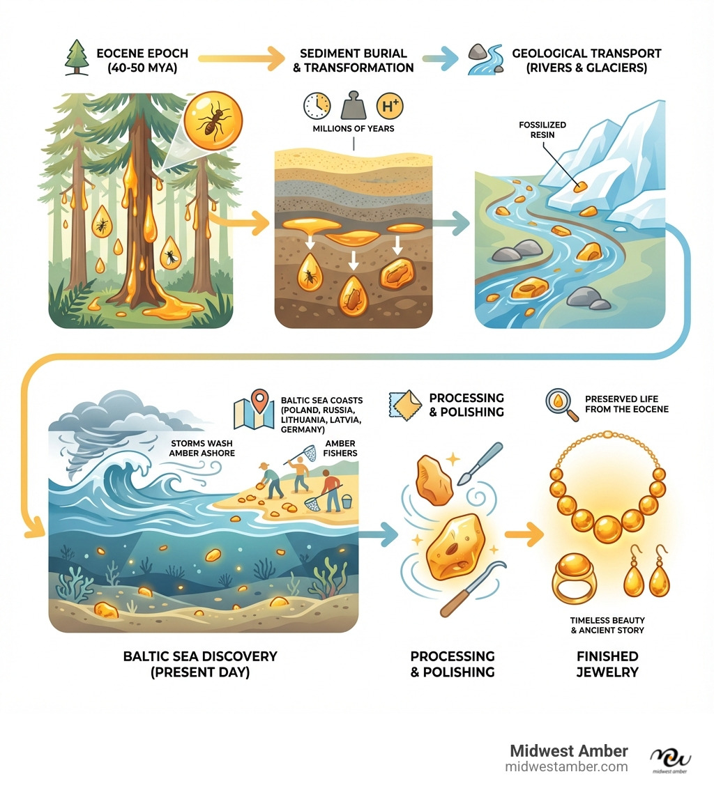 Detailed infographic showing the complete journey of Baltic amber: starting with ancient Eocene conifer forests 40-50 million years ago, showing resin dripping from trees and trapping insects, then layers of sediment covering the resin underground, followed by geological transport via rivers and glaciers to the Baltic Sea floor, storms washing amber pieces to beaches, collection by amber fishers, processing and polishing, and finally finished jewelry pieces - with timeline markers and geographical locations labeled - amber in baltic sea infographic 